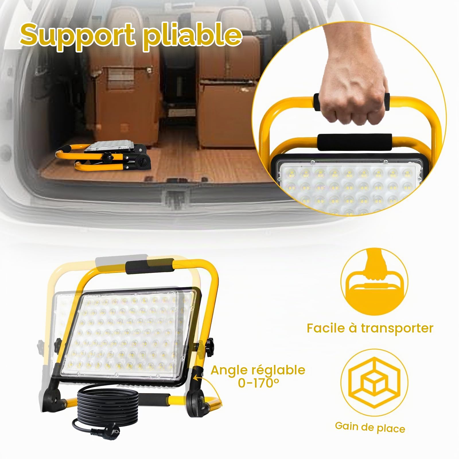 200W Projecteur LED Chantier 20000 Lumens Éclairage de Chantier Puissant Lumière Blanche 6500K Étanche IP66 avec Prise et Cordon de 4M pour Chantier d'atelier