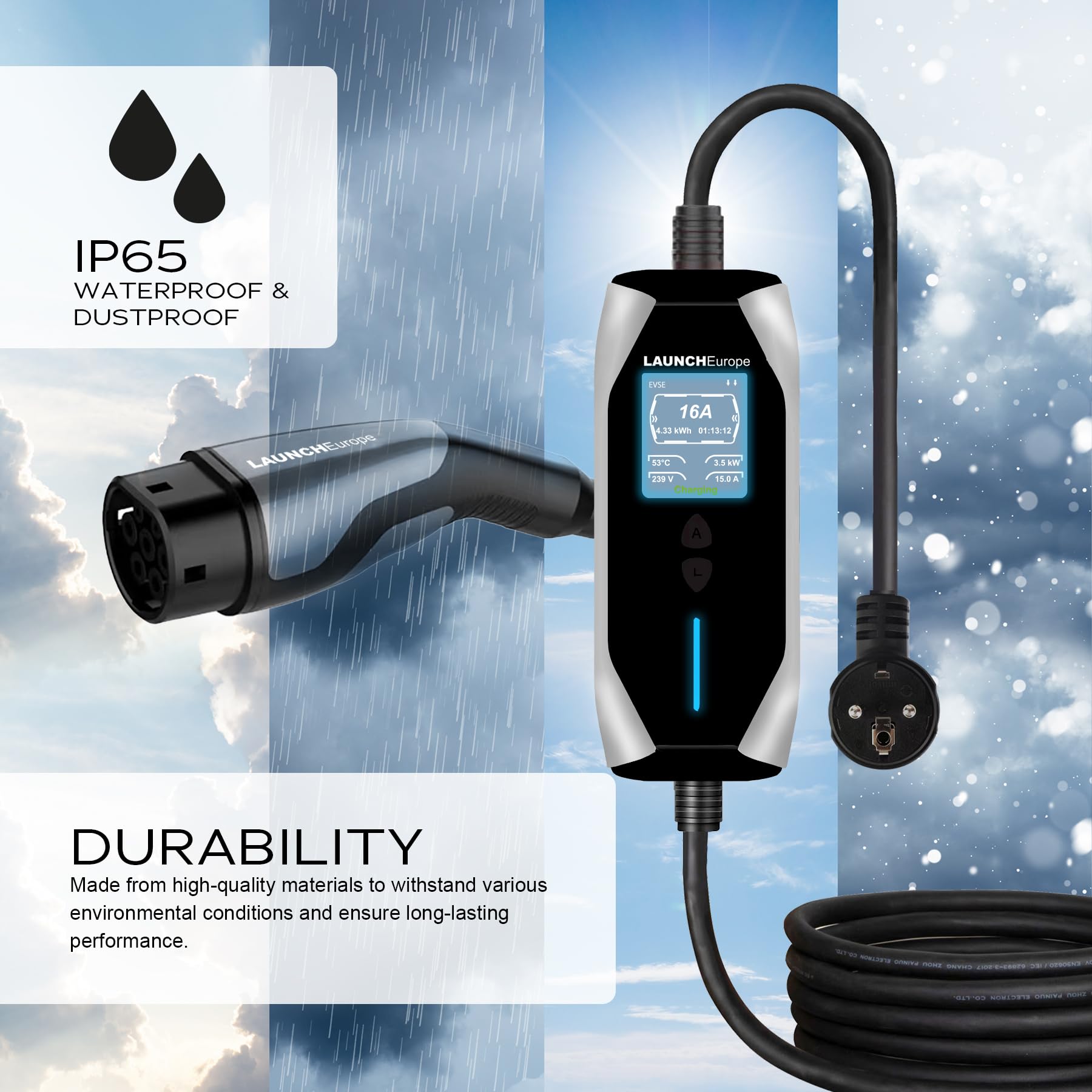 LAUNCH Europe Mobile Wallbox 3,5 kW [1-phasig | 7 m | 6–16 A] mit App-Steuerung & Typ-2-Schutz, Tragbare EV Ladestation CEE Schuko für Model Y/3, ID.3/4/5, ZOE, e-tron und andere PHEV/EV