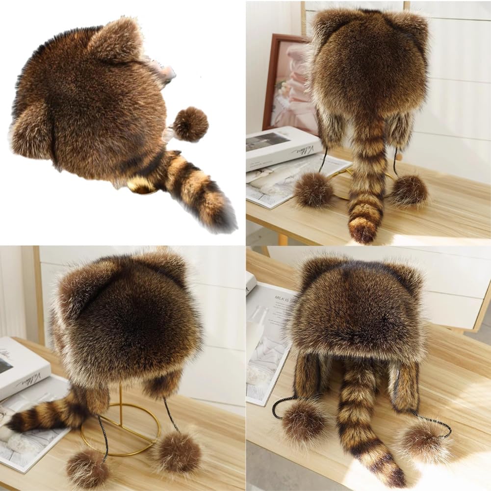 YJZQ Chapeau Souple Cache-Oreilles Chapka Forme Queue de Raton avec Pompom Hiver Casquette Unisexe pour Enfant (7-12ans) et Adulte (12ans+) Joli Bonnet Coupe-Vent en Peluche