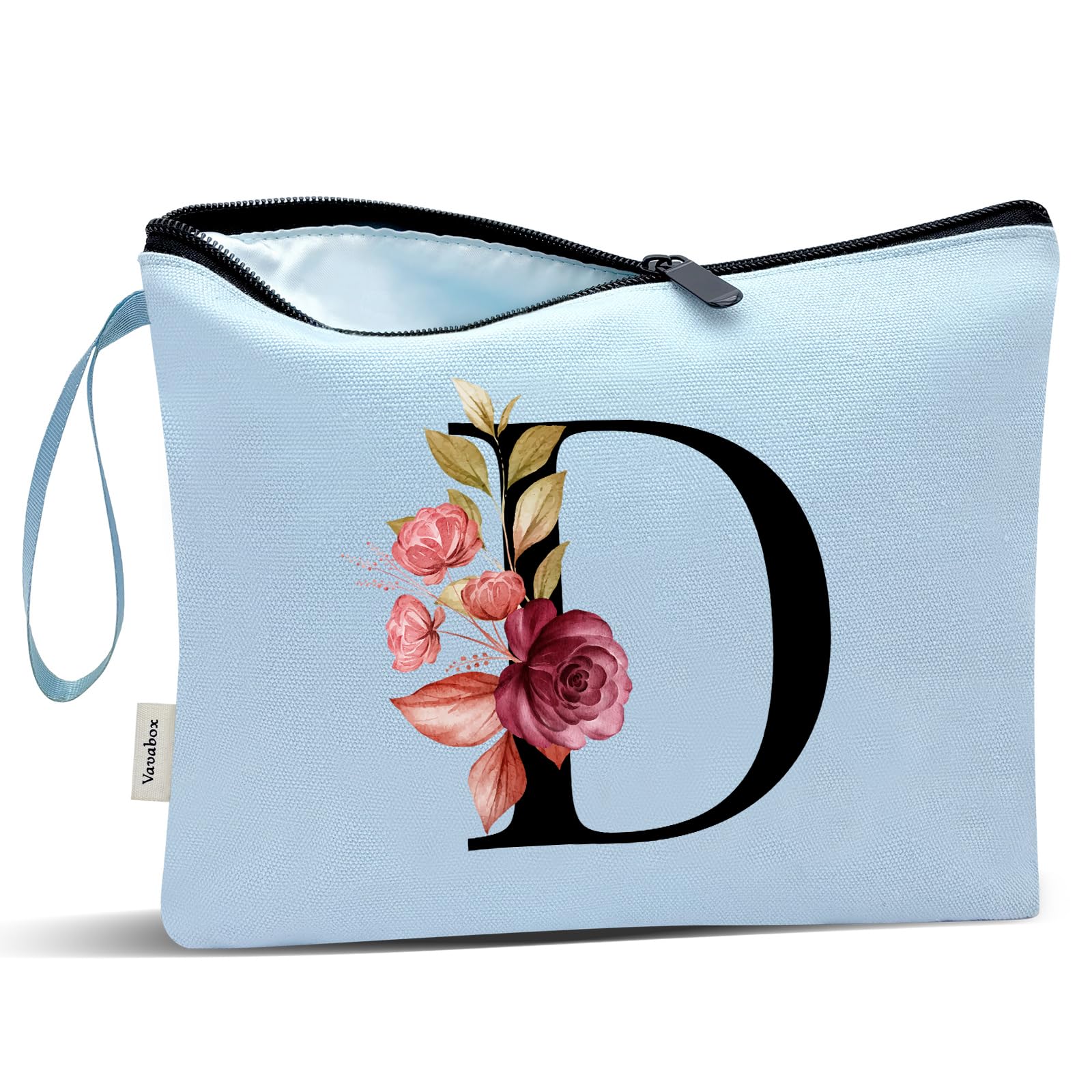 Vavabox A-Z Personalized Makeup Bag, Birthday Gifts for Women Mom, Gifts for Best Friend, Bride Bridesmaid Cosmetic bag (D, Blue)