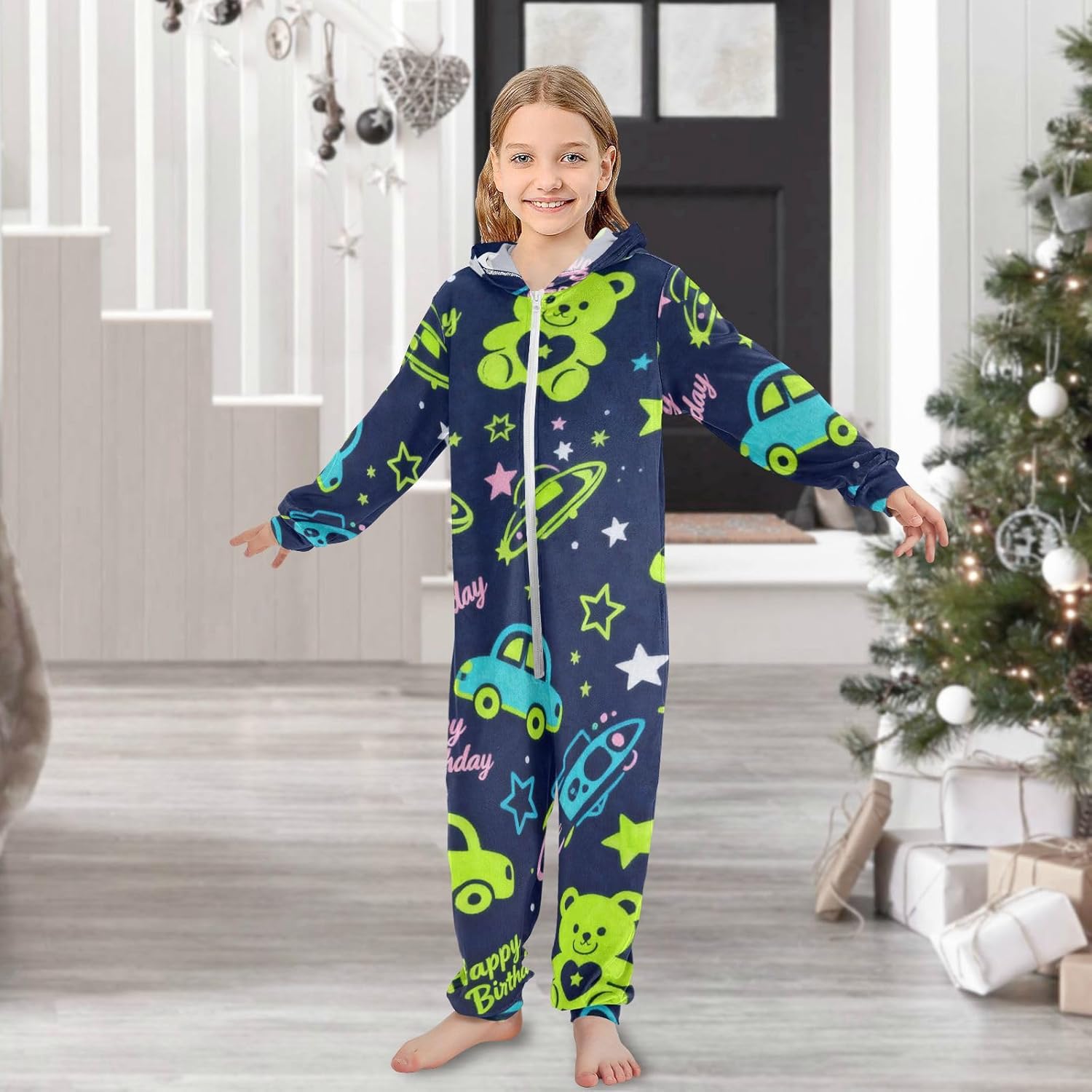 Happy Birthday Spaceship and Cars Navy BlueOnesie PajamasSoft Warm Hooded Loungewear Sleepwearfor Parties Sleepovers