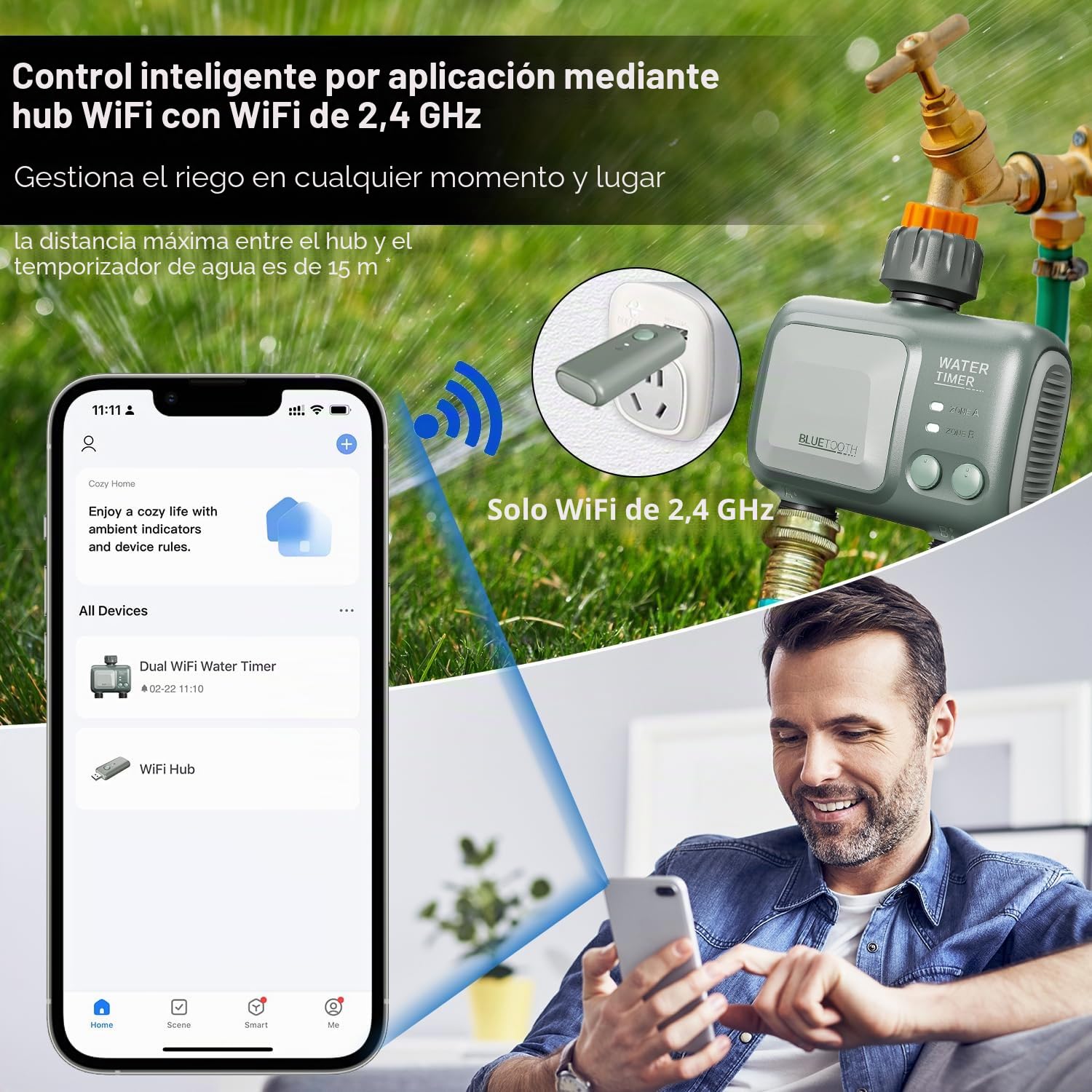 Programador Riego WiFi 2 Zonas, johgee riego automatico WiFi 2 Salidas, Temporizador Riego Inteligente con Control App y Clima Conectado, Temporizador de riego programable y riego Remoto