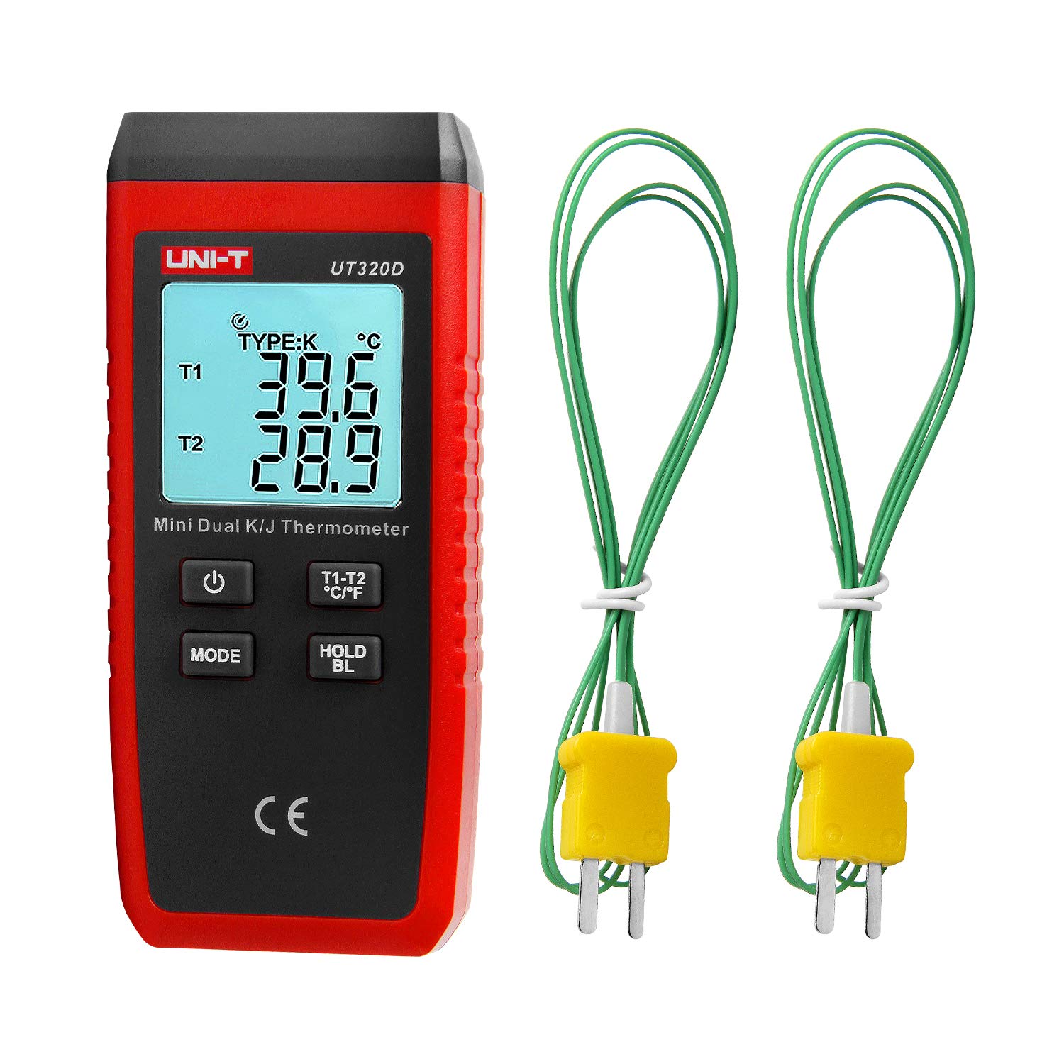 Thermocouple Thermometer, UNI-T K/J Type Thermocouple Dual Channel Mini Contact Probe, Wide Range -58°F to 2372°F, Digital Temp Gauge for Factories, Labs, HVAC & Home Use UT320D