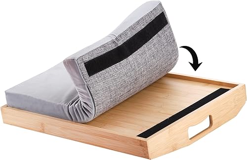 Miniatura 2 de Cedilis Bandeja de regazo de bambú con almohada desmontable, bandeja de servir de 16.9 x 13 pulgadas con asas para comer en la cama