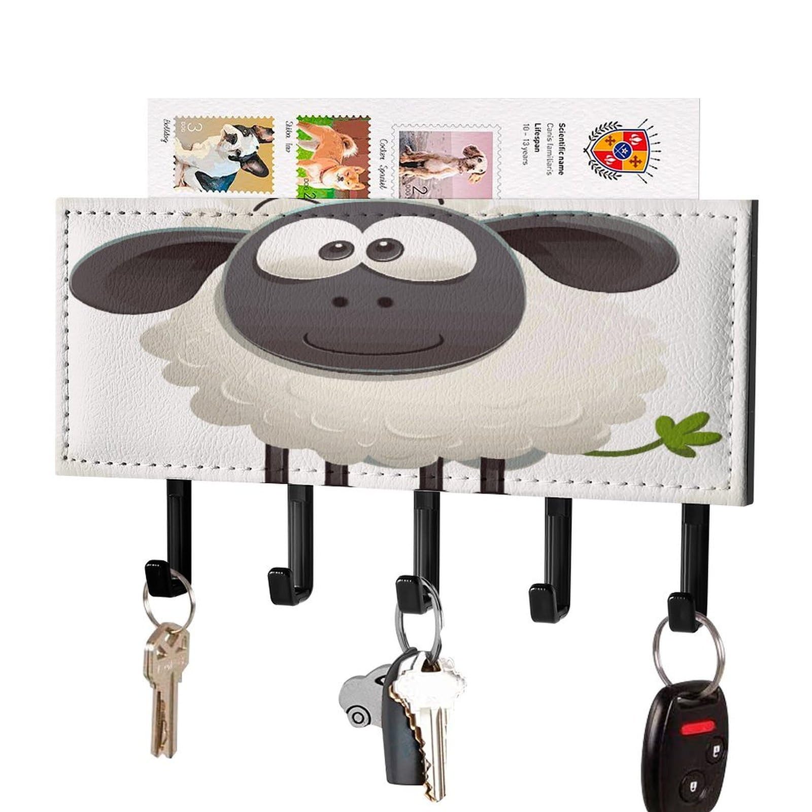 FekiLoot Sheep Key Holder for Wall Decorative Mail Organizer with 5 Key Hook Self Adhesive Key Rack with Tray Coat Rack Wall Mount Key Hanger Decor for Entryway Door