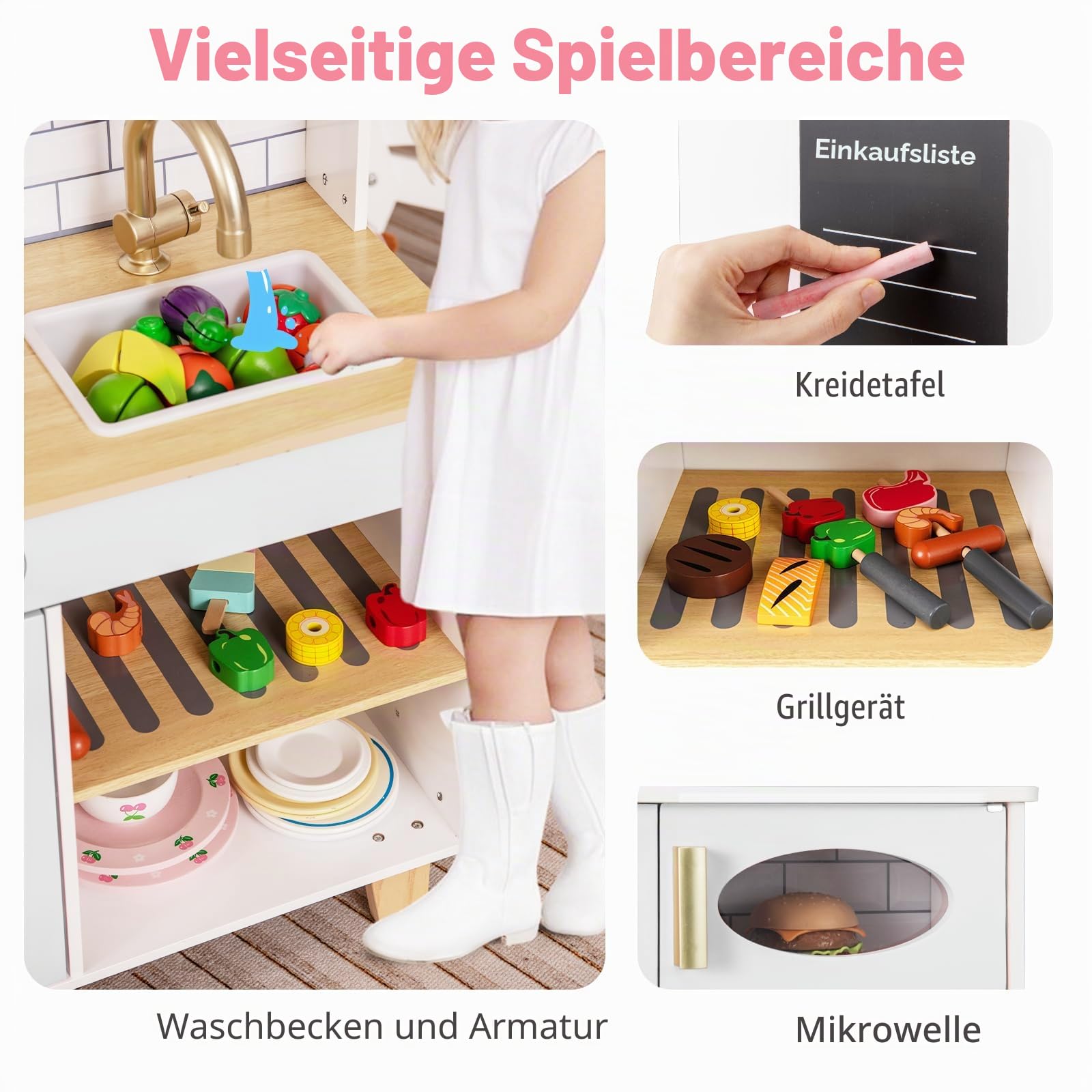 HOMASIS Spielküche mit 10 Zubehör, Kinderküche mit Spüle Herd Dunstabzugshaube Ofen Mikrowelle Tafel Grill Eismaschine, Spielzeugküche mit Licht & Sound, Holzküche für Kinder ab 3 Jahre (Weiß)