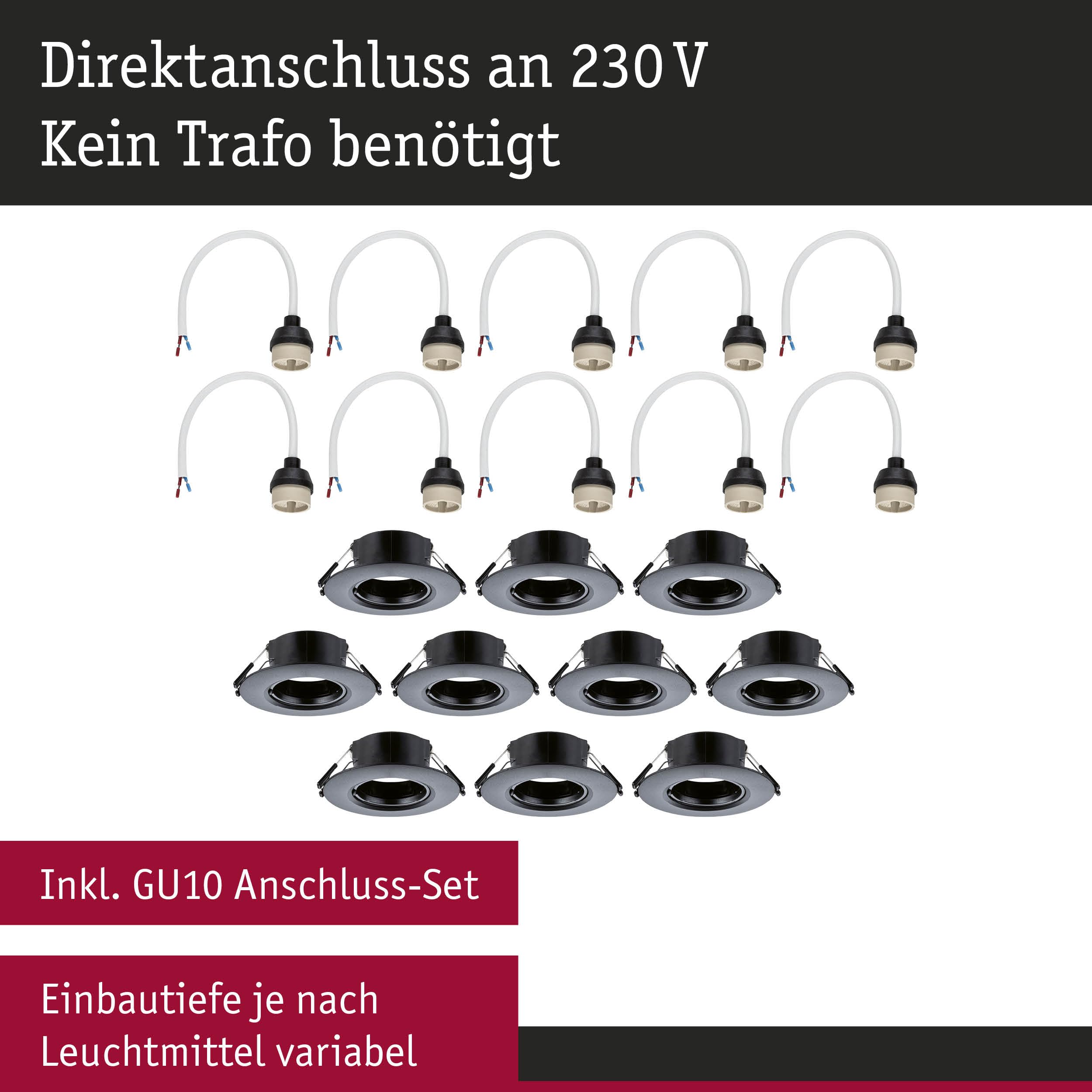 Paulmann 92120 Einbauleuchte 10er-Set starr rund 90mm GU10 max. 10x10W 230V Schwarz Einbaulampe