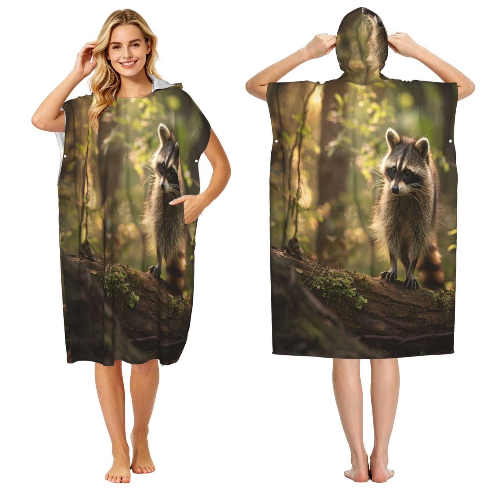 KLGRTJHK Raccoon Adult Hooded Beach Poncho Towel 43"X35"