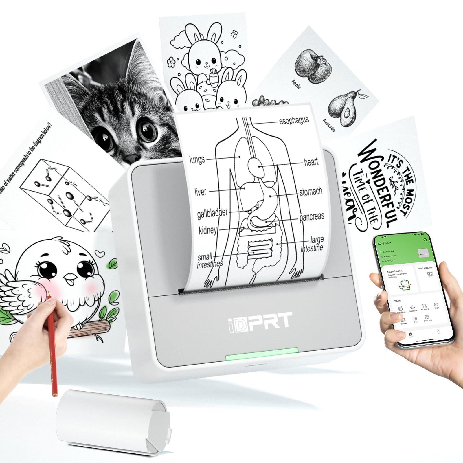 iDPRT Portable Thermal Mini Printer with 1 Roll of Paper - Instant DIY Sticker Maker for iPhone, Instant Printing for Learning Notes, Photos, Scrapbook, Free App & Multiple Templates-image-47