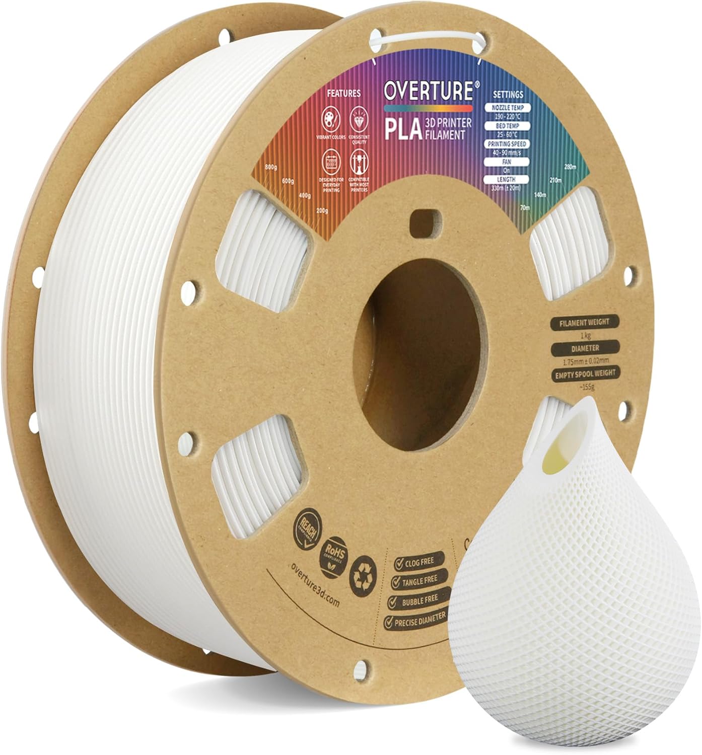 OVERTURE PLA Filament 1.75mm PLA 3D Printer Filament, 1kg Cardboard Spool (2.2lbs), Dimensional Accuracy +/- 0.02mm, Fit Most FDM Printer (White 1-Pack)