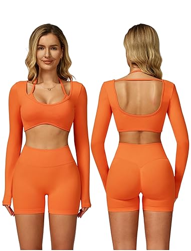 QBGJTD Womens Workout Sets Two Piece Seamless Color Block Long Sleeve Top High Waist Shorts Fall Winter Gym Work Out Clothes - X-Large - Orange