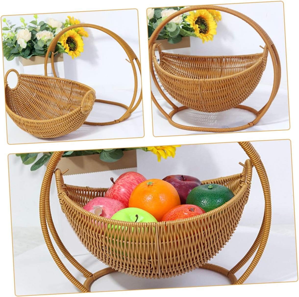 Woven Rattan Fruit Bowl Faux Rattan Storage Basket for Kitchen Counter Elegant Snack Vegetable Holder Lightweight Decorative Tray for Home Organization
