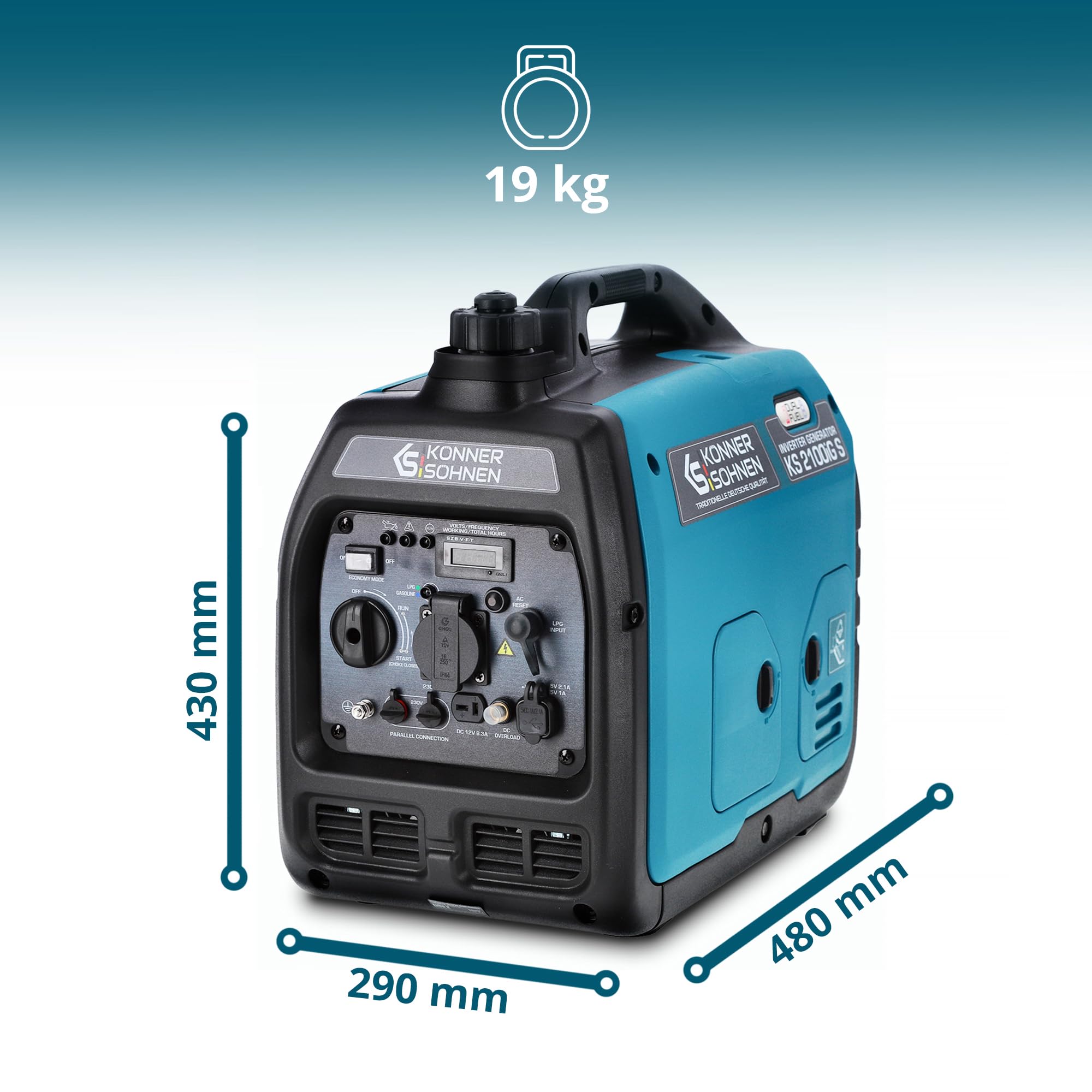 Könner & Söhnen KS 2100iG S Generador Inverter Gasolina 2000W Schuko Socket 230V 2 Puertos USB Indicador LED Modo ECO Generador de Emergencia EURO V