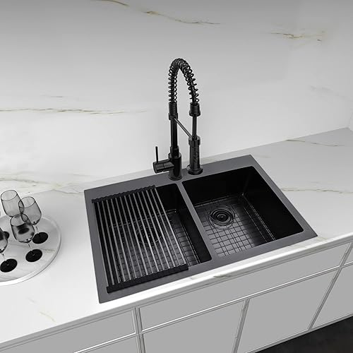 Zeesink Double Bowl Kitchen Sink Drop in,Kitchen Sink Top Mount 33 X 22 inch,Black Stainless Steel Double Sink 16 Gauge Stainless Steel
