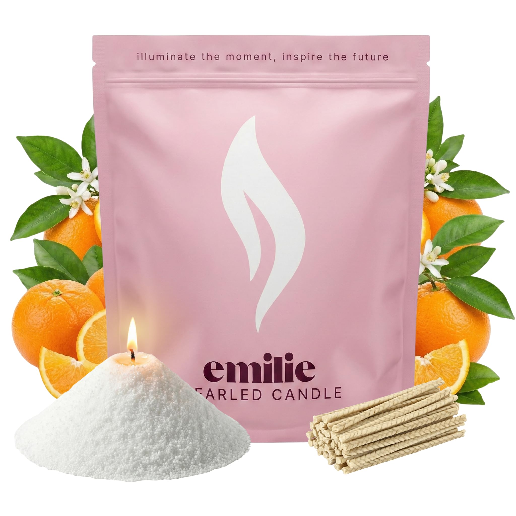 Emilie Pearled Candle White Natural 1Kg Refillable Wax Pearls – Orange Scented Candle For Any Container – Self-Extinguishing, Plant-Based, Reusable – 50 Cotton Wicks, 200H Burn (White Natural)