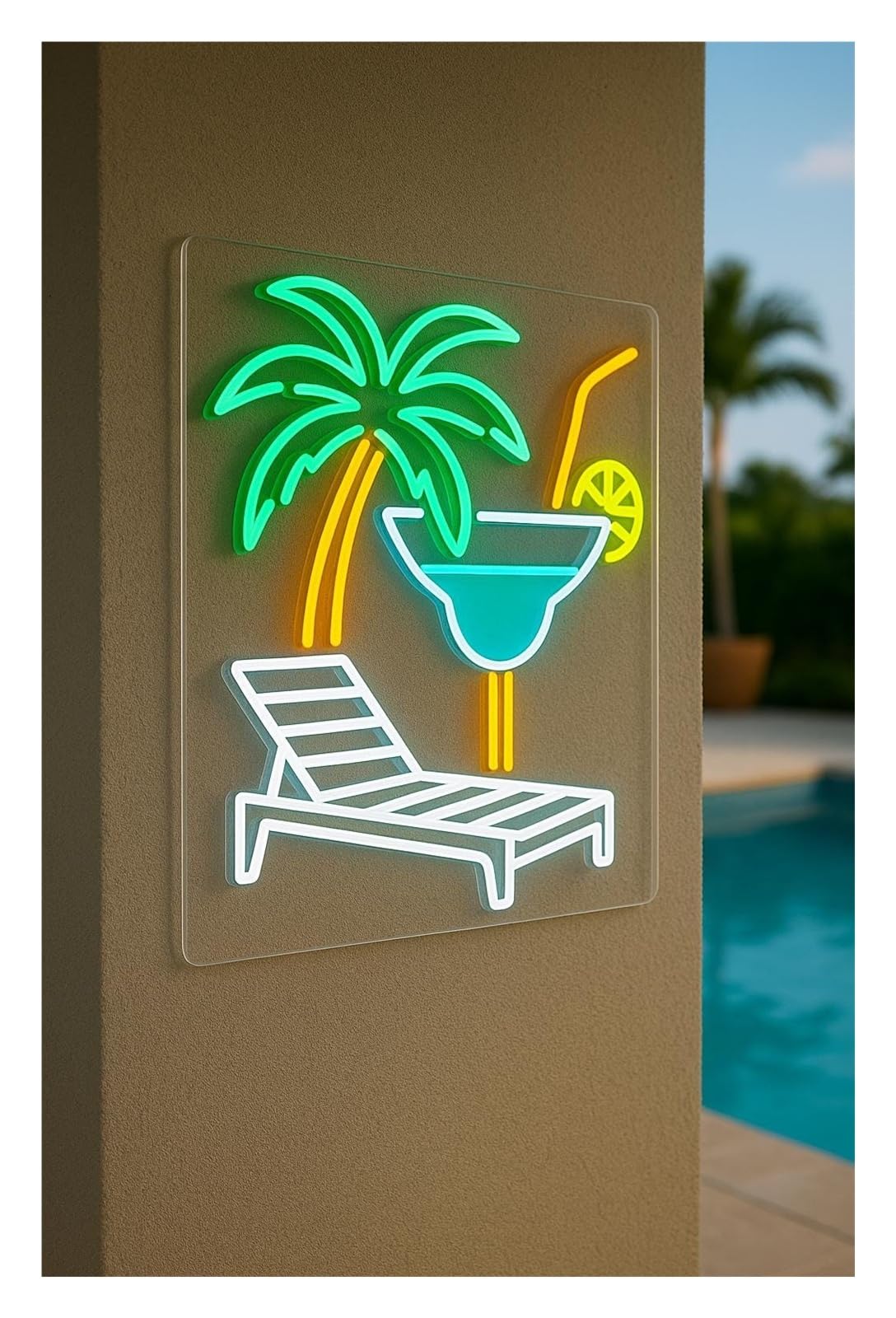 RONGCH Hanging Art Signs Pool Neon Sign Palm Tree and Lounger for Gameroom Bedroom Bar Livingroom Birthday Party Wall Decoration 50cm(E)