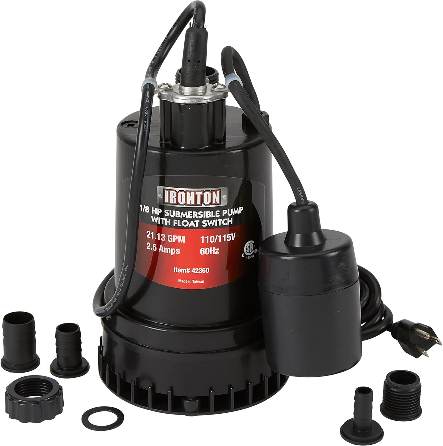 Ironton 1268 GPH Submersible Sump Pump with Auto Float Switch, 1/8 HP, 1in Port - Model 108981
