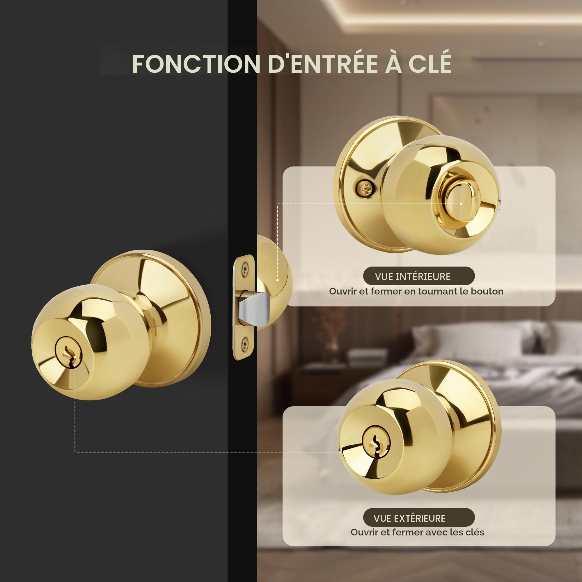 Bouton de porte en forme de boule avec clés et serrure, poignée de porte d'entrée à clé ronde pour portes d'entrée/d'entrée, finition laiton poli