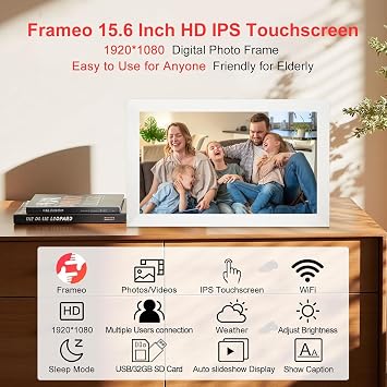 Frameo 15.6 Inch Digital Picture Frame WiFi, Large Digital Photo Frame 1920x1080 IPS HD Touchscreen, 32GB Storage Share Photos/Videos, Tabletop&Wall-Mounted, Wedding, Birthday, Gifts for Loved Ones