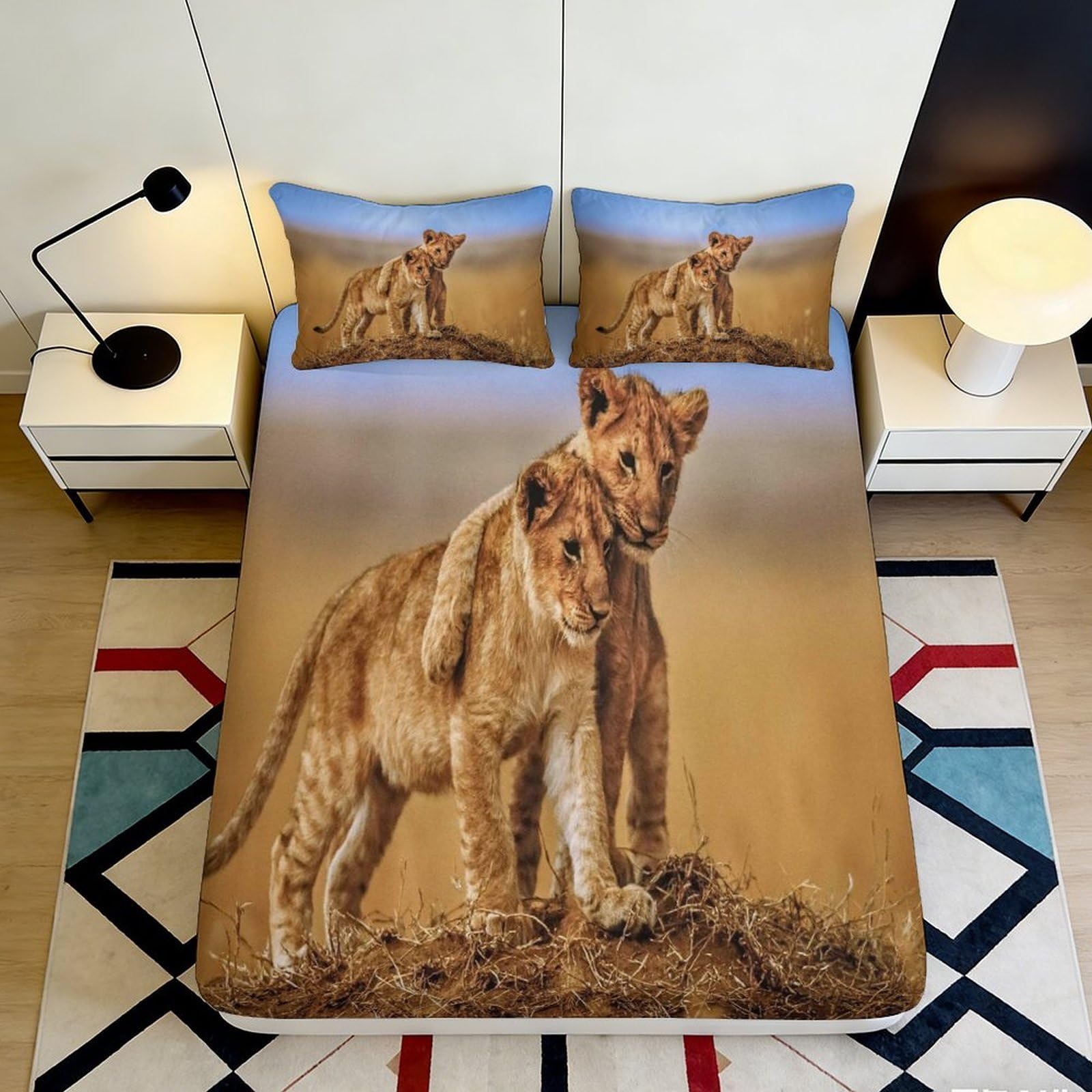 3D Printed Lion Family Fitted Sheet Microfiber Soft Breathable Safari Animal Mattress Cover for Bedroom Decor 90x200x25cm