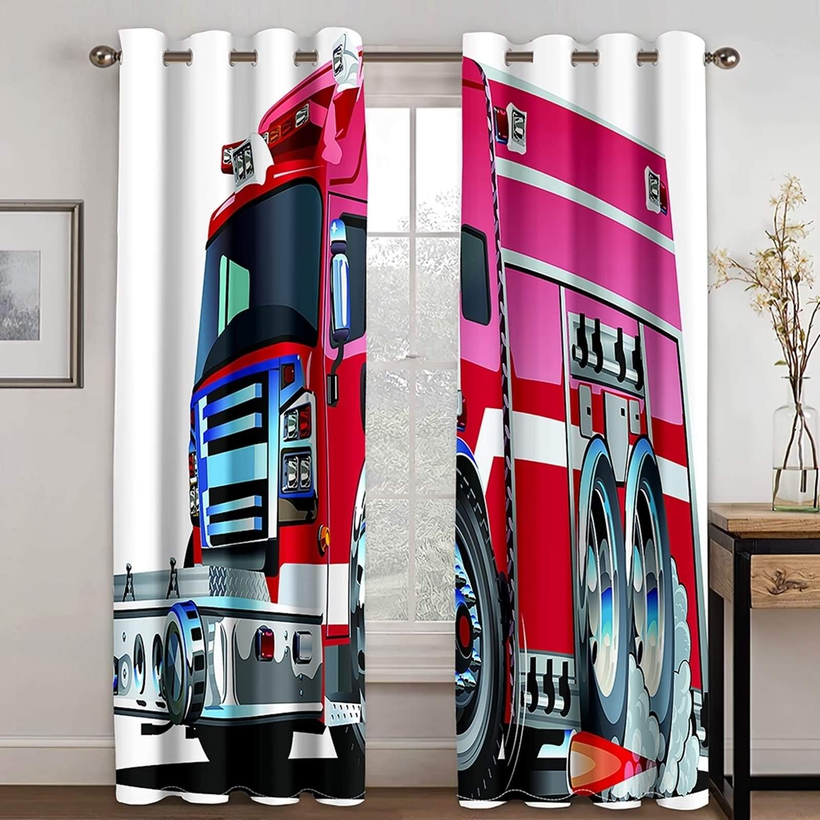 Rideau occultant pour chambre garçon avec imprimé camion de pompier KnSam