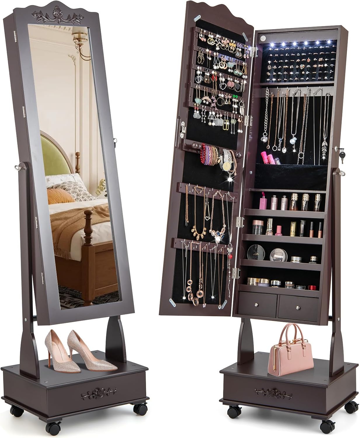 CHARMAID Rolling Jewelry Armoire with Full Length Mirror, Lockable Stand up Jewelry Cabinet with Lights and Wheels, Standing Jewelry Organizer with Drawers, Mirror with Jewelry Storage (Espresso)