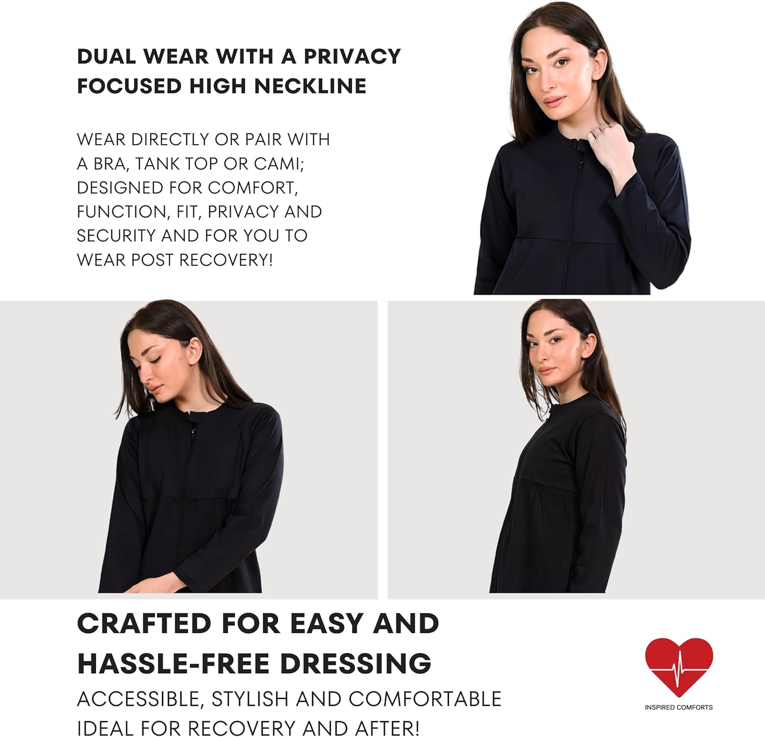 Inspired Comforts Women's Mastectomy Recovery Full Sleeves Front Open Zip Up Shirt with Drain Pockets - Image 4