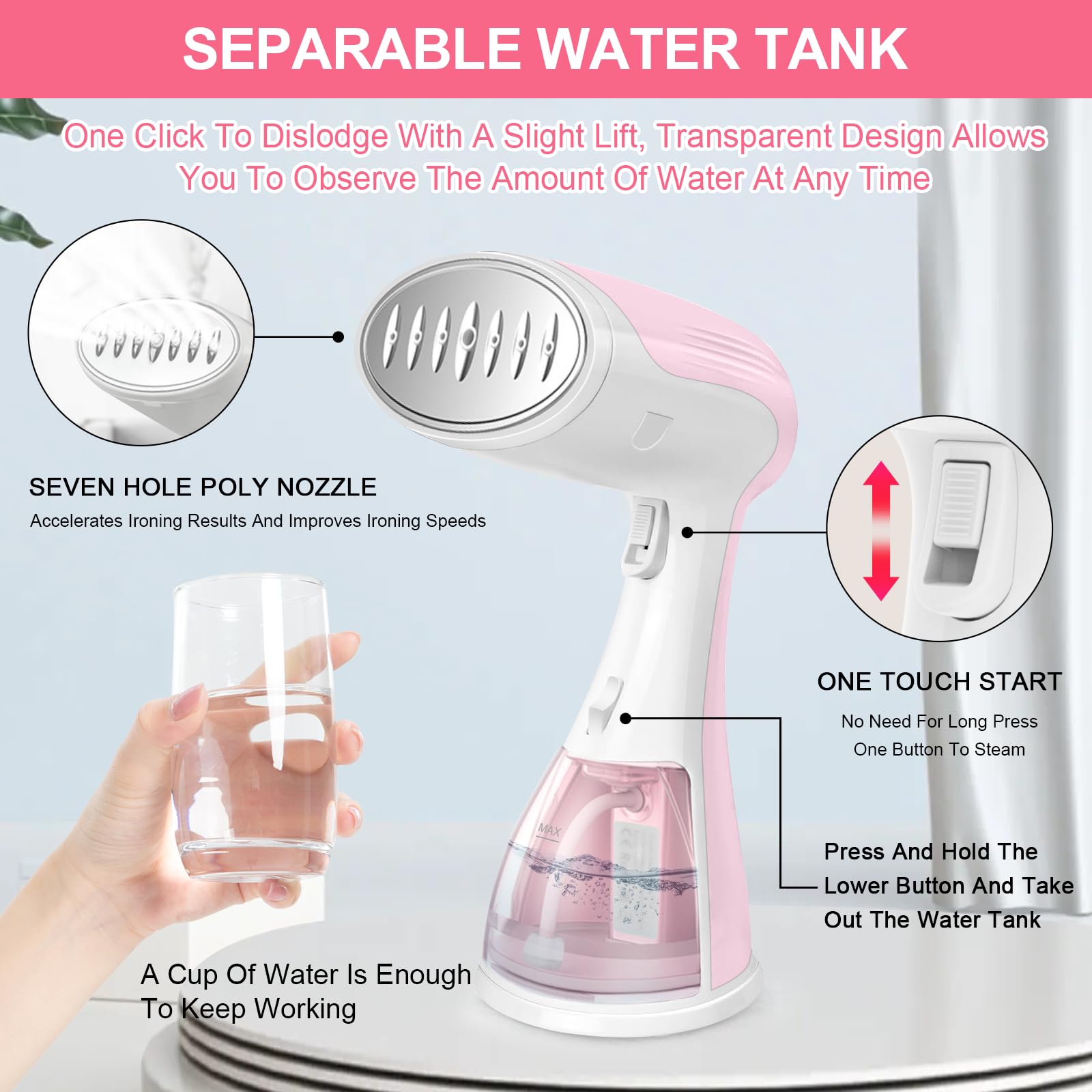 mini fer à repasser, mini fer à vapeur, cuiseur vapeur portable, (chauffage rapide 15s, réservoir d'eau 300ml, 1500W), fer a repasser suspendu compact pour la maison - Rose