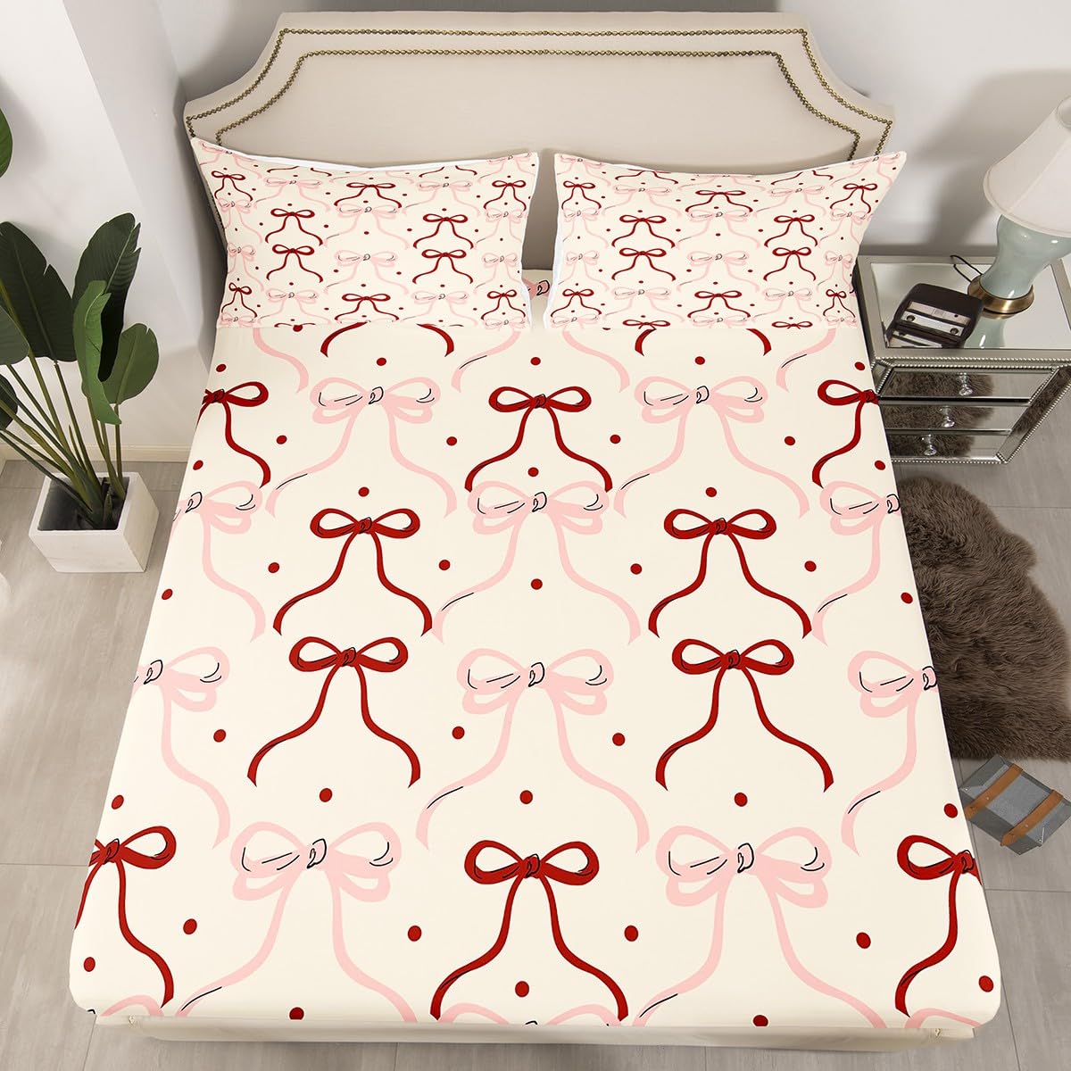 Housse de matelas en microfibre à pois vintage grand lit avec parure princesse rose et rouge