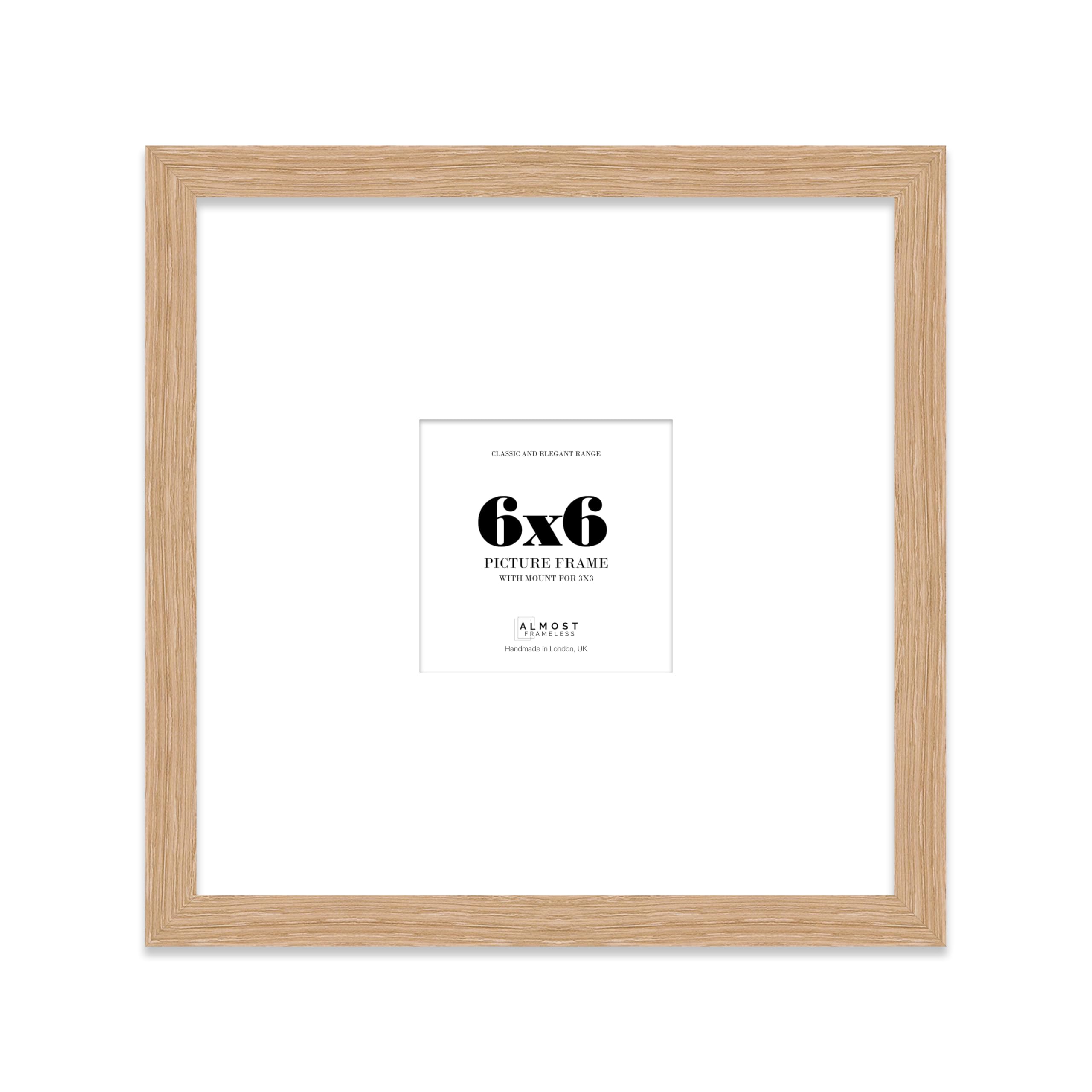 Almost Frameless 6x6 Square Picture Frame, Display Pictures 3x3 With Mat or 6x6 Without Mat, Wall Hanging & Free Standing Photo Frame, Oak, 1 Pack