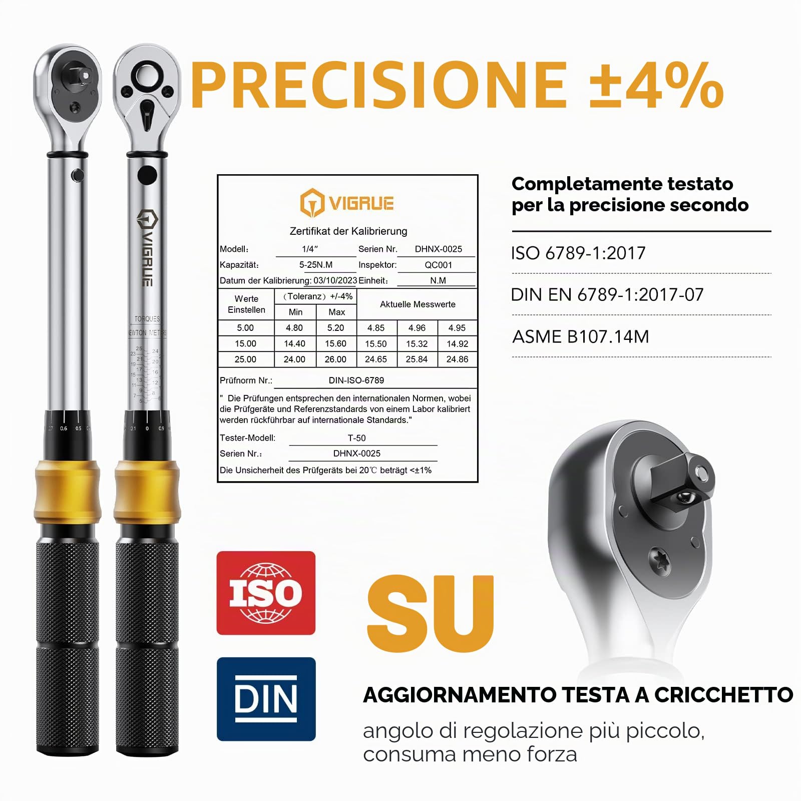 VIGRUE Chiave dinamometrica per bicicletta, chiave dinamometrica da 1/4", 5-25 Nm ± 4%, precisione di errore con asta di prolunga, giunto universale, manicotto magnetico per candela, punte per