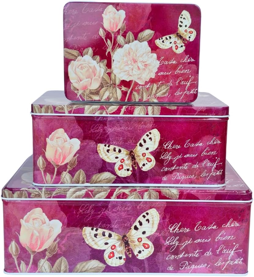 hadaaya Pack of 3 Rectangle Cookie Tins With Lids Multipurpose Tin Container for Cookies,Candies, Kitchen Storage, Stationery - BURGUNDY FLORAL BUTTERFLY