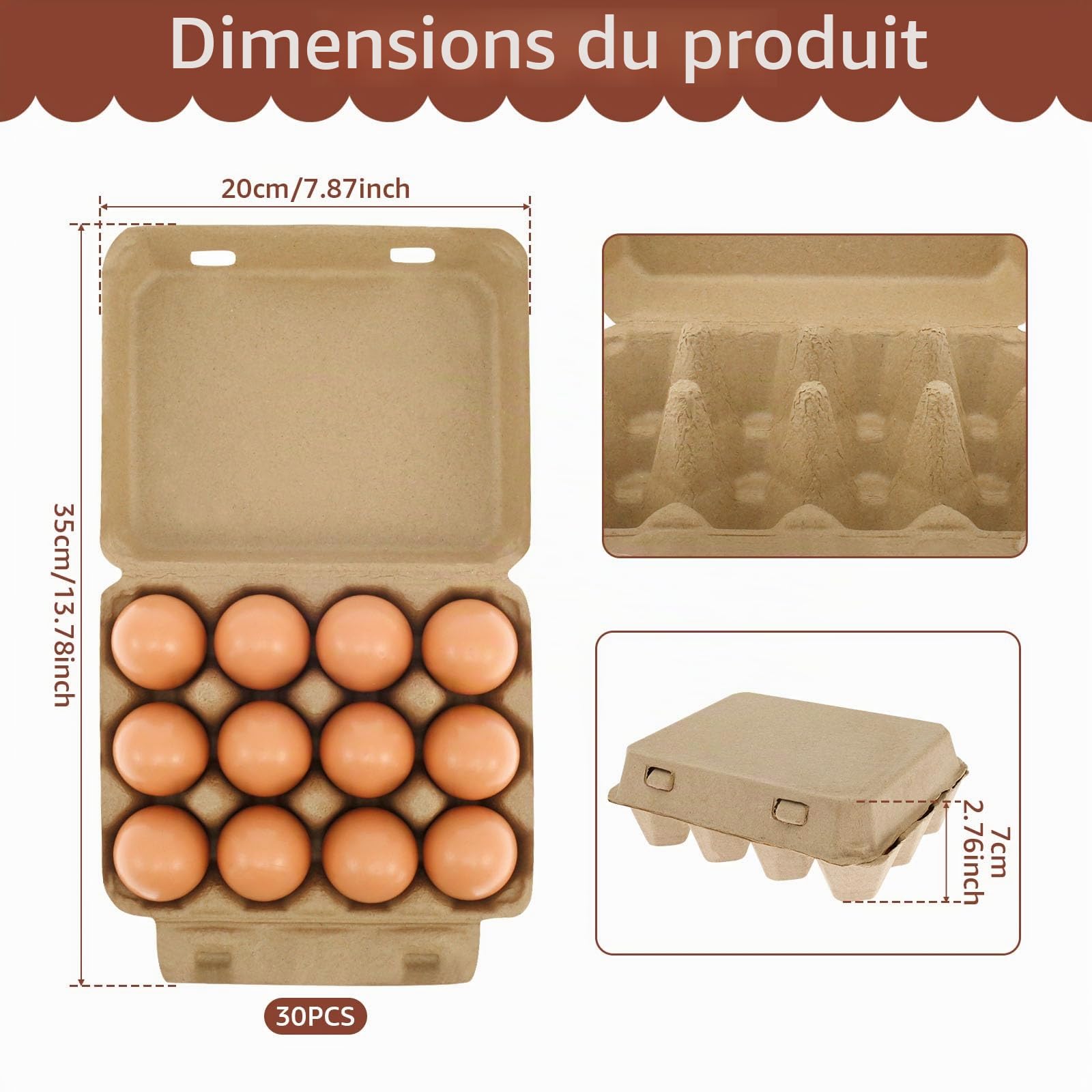 Lot de 30 cartons à œufs pour 12 œufs – Boîtes à œufs en carton réutilisables, empilables 7,6 x 10,2 cm, plateaux pour œufs en pâte à papier pour la ferme, le marché et la maison