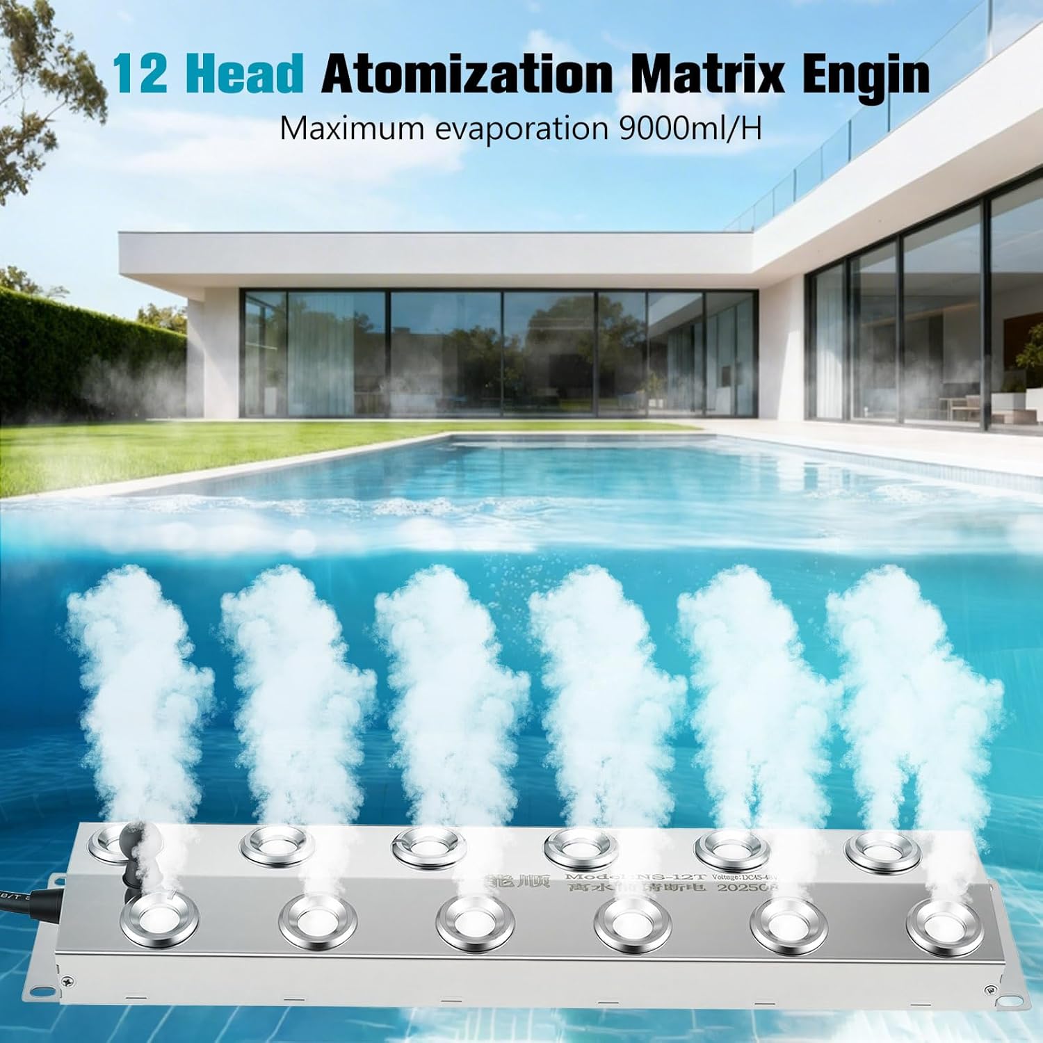 Pond Fogger with Float – 12 Head Ultrasonic Mist Maker, 9000ml/H Water Fogger for Pond, Fountain, Fish Tank, Greenhouse Humidifier – 304 Stainless Steel, EU Plug, Adapter Required for US Use
