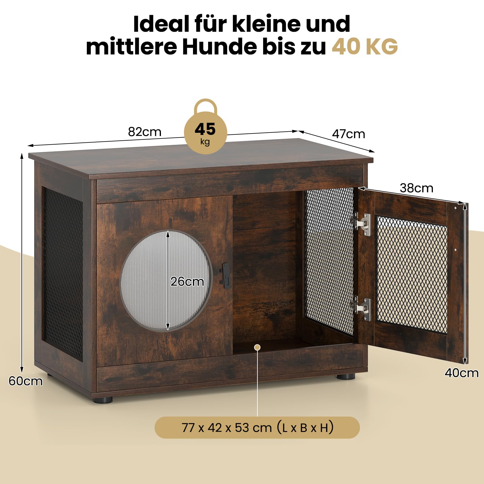 COSTWAY Hundekäfig Tierkäfig, Hundebox im Möbelstil mit Tür & PC-Fenster, Haustierkäfig für kleine und mittelgroße Hunde Katze Haustier, Beistelltisch für Zuhause, Hundehütte Braun, 82 x 47 x 60 cm