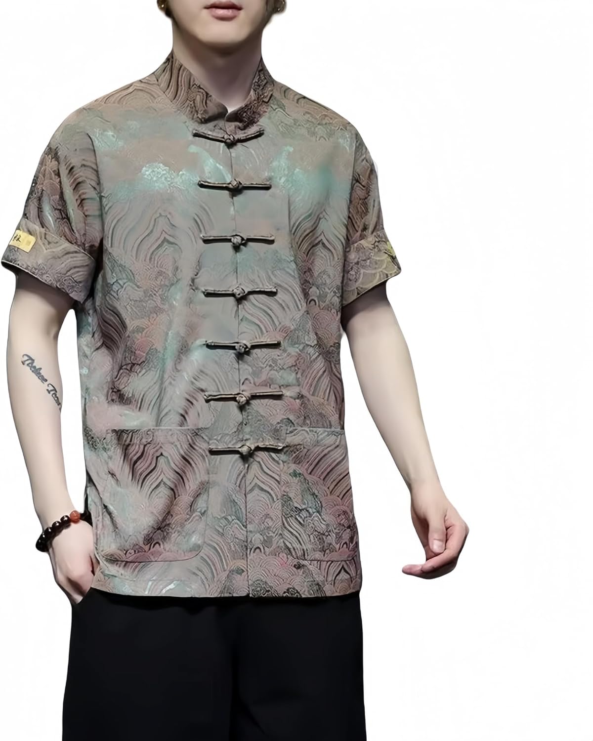Men's Kung Fu Shirt,Traditional Chinese Hanfu Tang Suit Coat with Silk Printing,Half Sleeve Top for Casual Summer Outfits