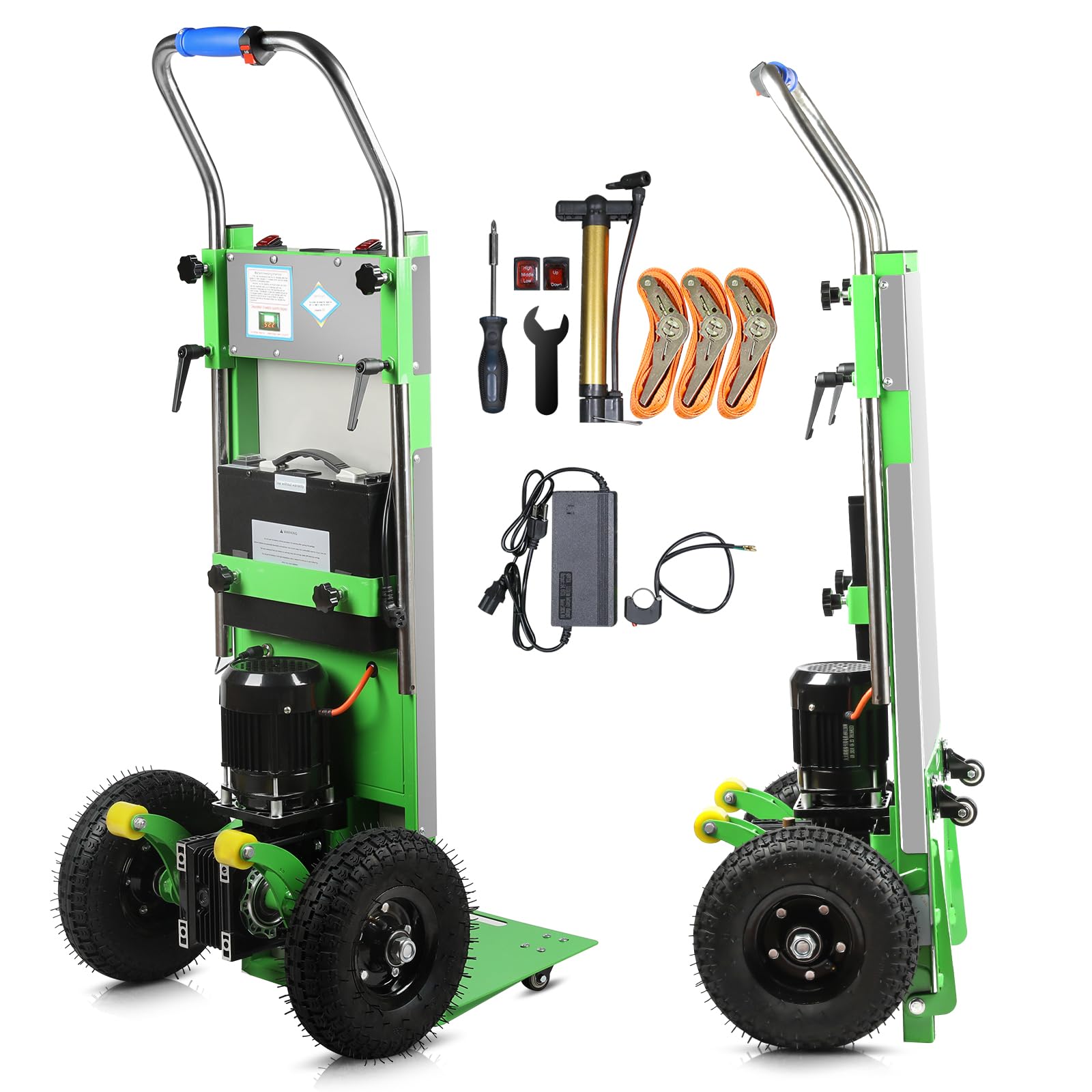 Afitdon - Electric Wheelbarrow 1250 W Load Capacity 900 lbs for Stairs and Downhills with Safety Rope and Air Pump - Green