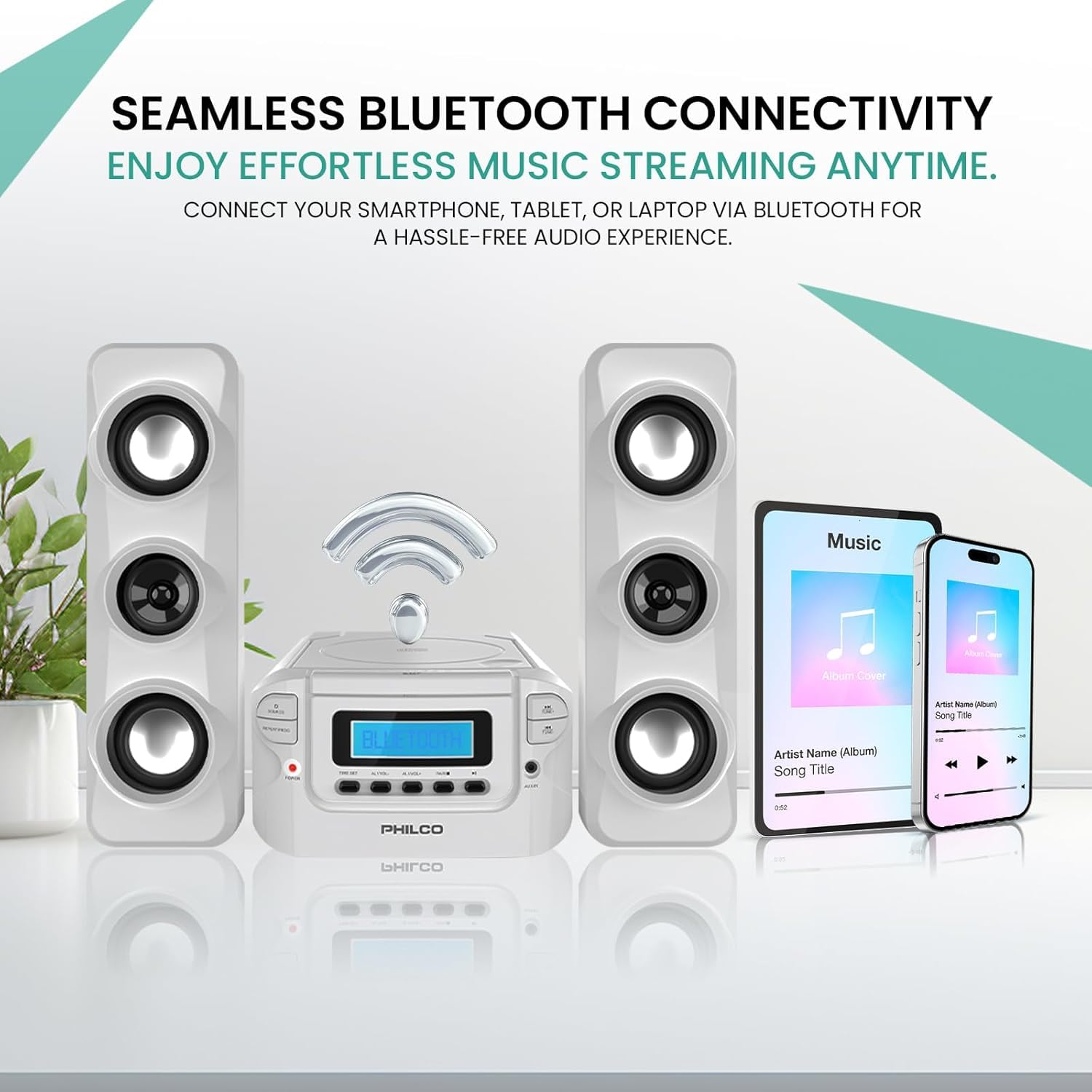 Philco Systemy regałów stereo, kompaktowy system regałów CD z cyfrowym radiem stereo FM, bezprzewodowym Bluetooth i pilotem zdalnego sterowania w kolorze czarnym, wyświetlacz LCD, kompatybilny z
