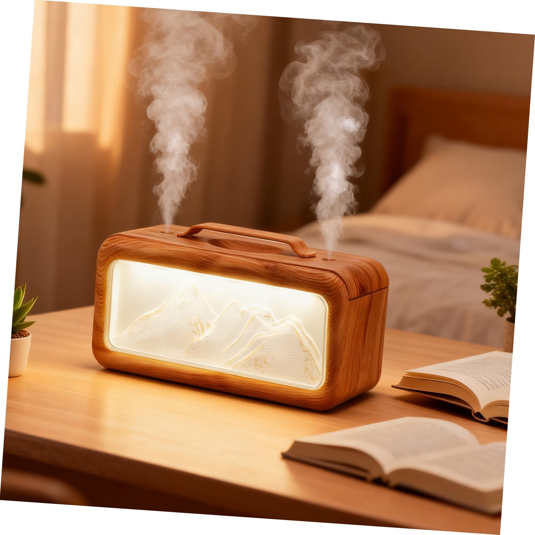 OUNONA Umidificatore da Scrivania Portatile ad Acqua Doppio Spruzzo per Piccoli Spazi Camera da Letto Ufficio Design Effetto Legno Mountain
