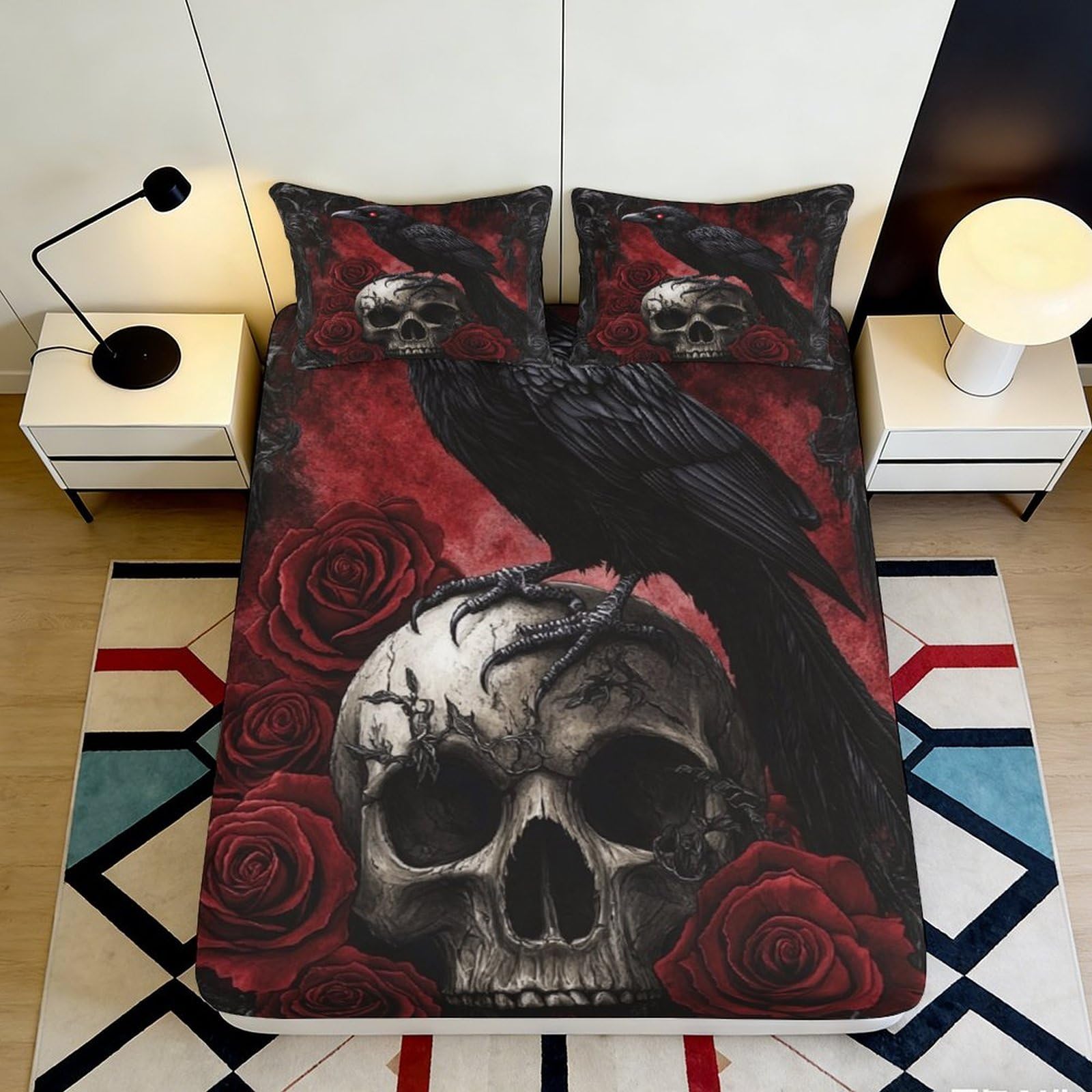 3D Printed Gothic Raven Skull Fitted Sheet Microfiber Durable Breathable Red Rose Bed Cover for Bedroom Dormitory Guest Room Mattress Protection 120x200x25cm