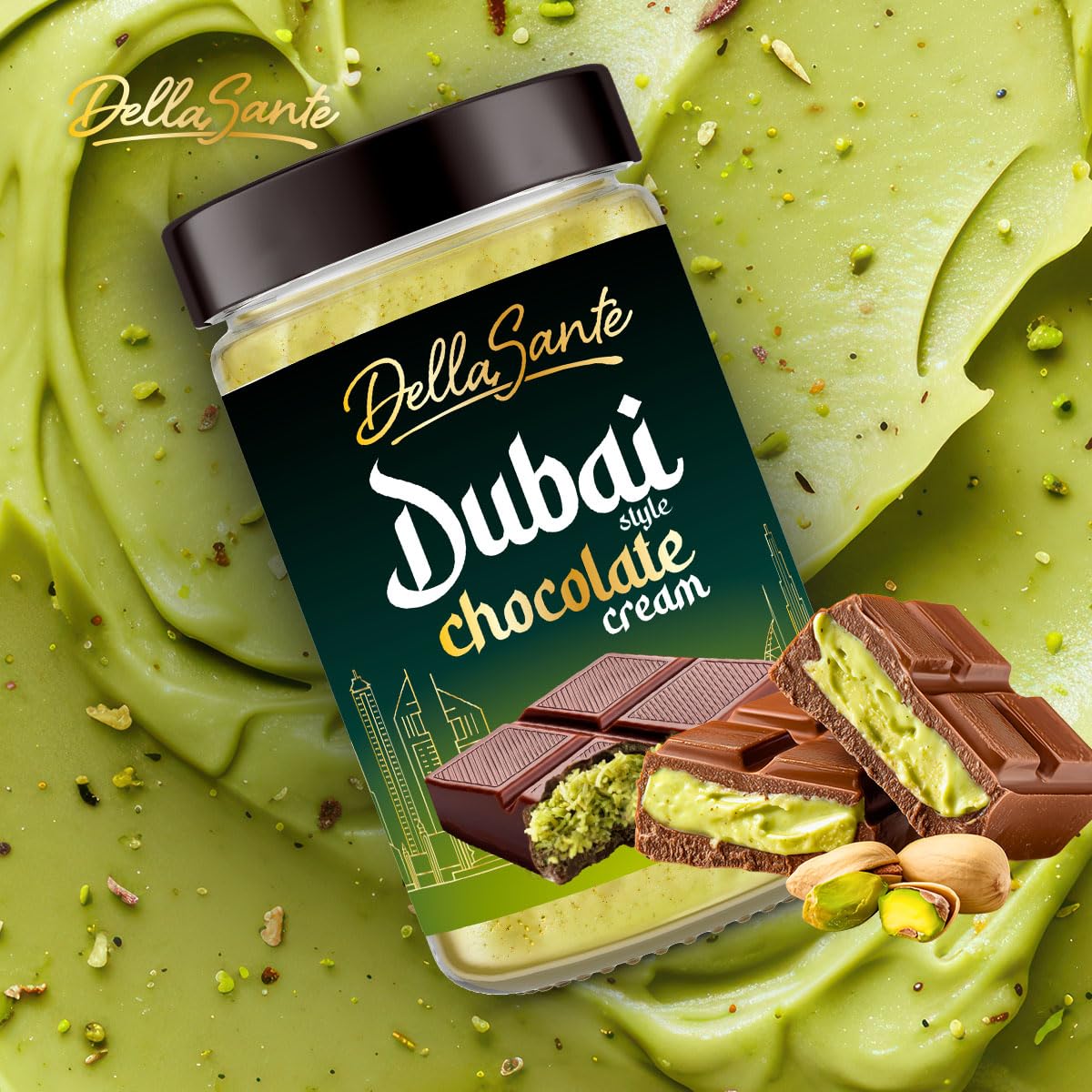 DellaSante – Krem pistacjowy Dubai Style 8x190g, z ciastkami Kadayif, słodka pasta do smarowania, kremowa pasta pistacjowa do deserów i ciast, słodki orientalny krem