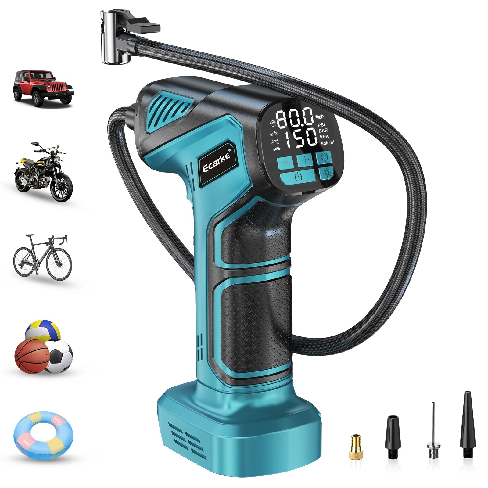 Ecarke Akku-Kompressor kompatibel mit Ma kita 18V: Tragbare Luftpumpe mit digitalem Display, Verlängerungsschlauch, Düsenaufsätze, 10 bar Maxdruck, ideal für Auto, Fahrrad, Motorrad, Bälle – Ohne Akku