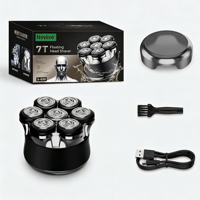 Barbeador elétrico rotativo Nevlive 7D para cabeça e rosto, IPX7, display LED, recarregável via USB-C, modelo S-650