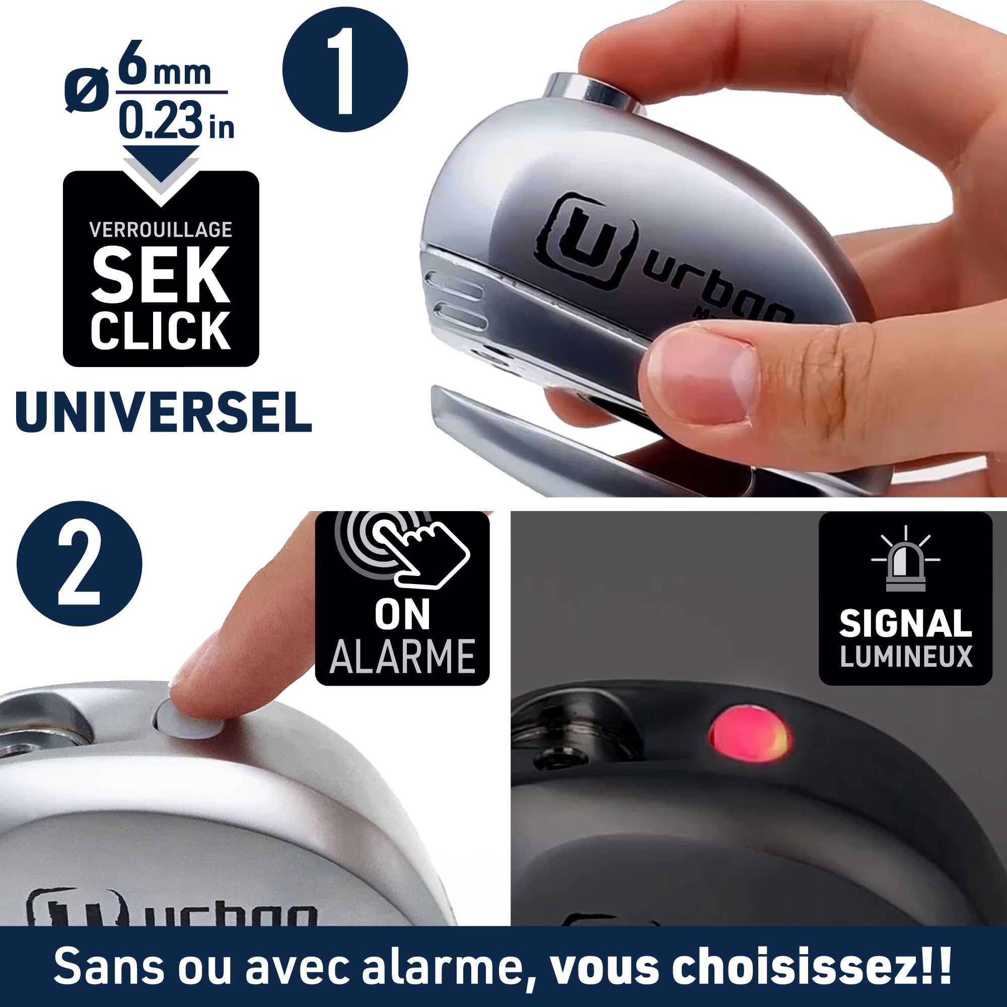 URBAN UR22 Antivol Bloque Disque avec Alarme + Avertissement 120dBA, 6 mm, fabriqué dans l'UE, Universel pour Vélo, Moto, Scooter, Acier INOX, métallique