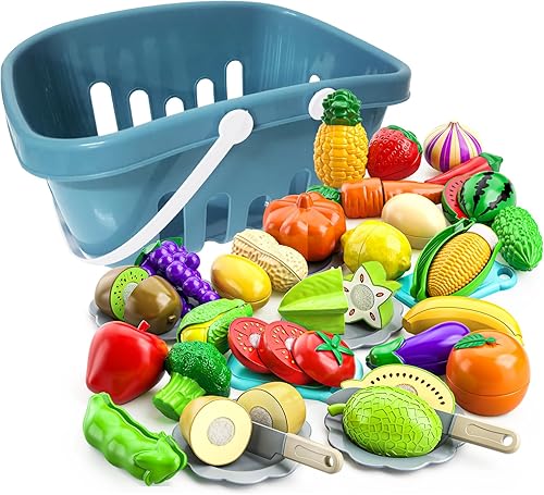 TEMI 70 piezas de juguetes de cocina para niños - Accesorios de frutas y verduras para niñas de 3, 4, 5, 6 con estuche de almacenamiento, platos y