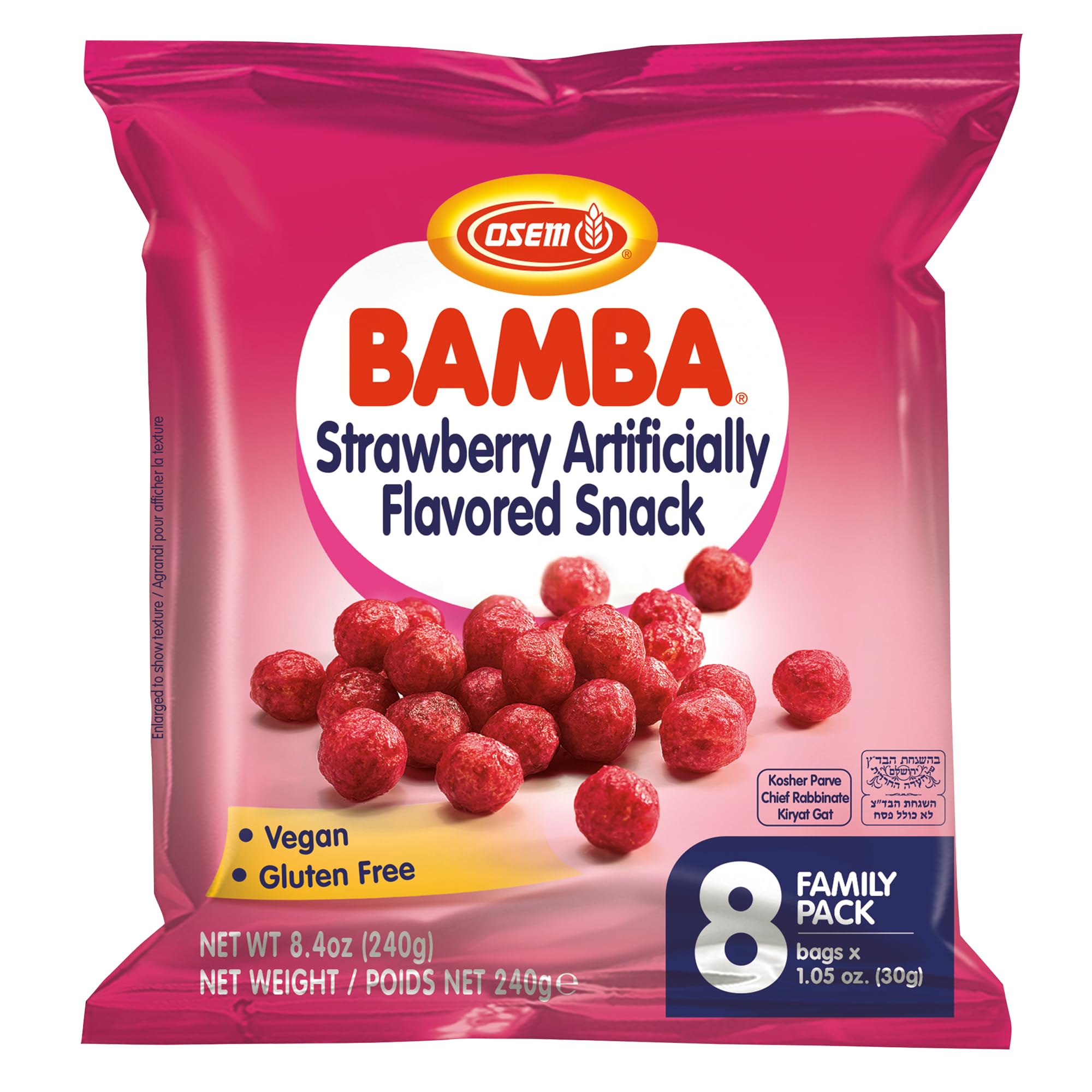 Osem Bamba Strawberry Flavored Snack - All Natural Sweet Red Strawberry Bamba Corn Puffs, for Adults and Kids, Convenient Family Pack - 1.05oz Bag, (Pack Of 8)