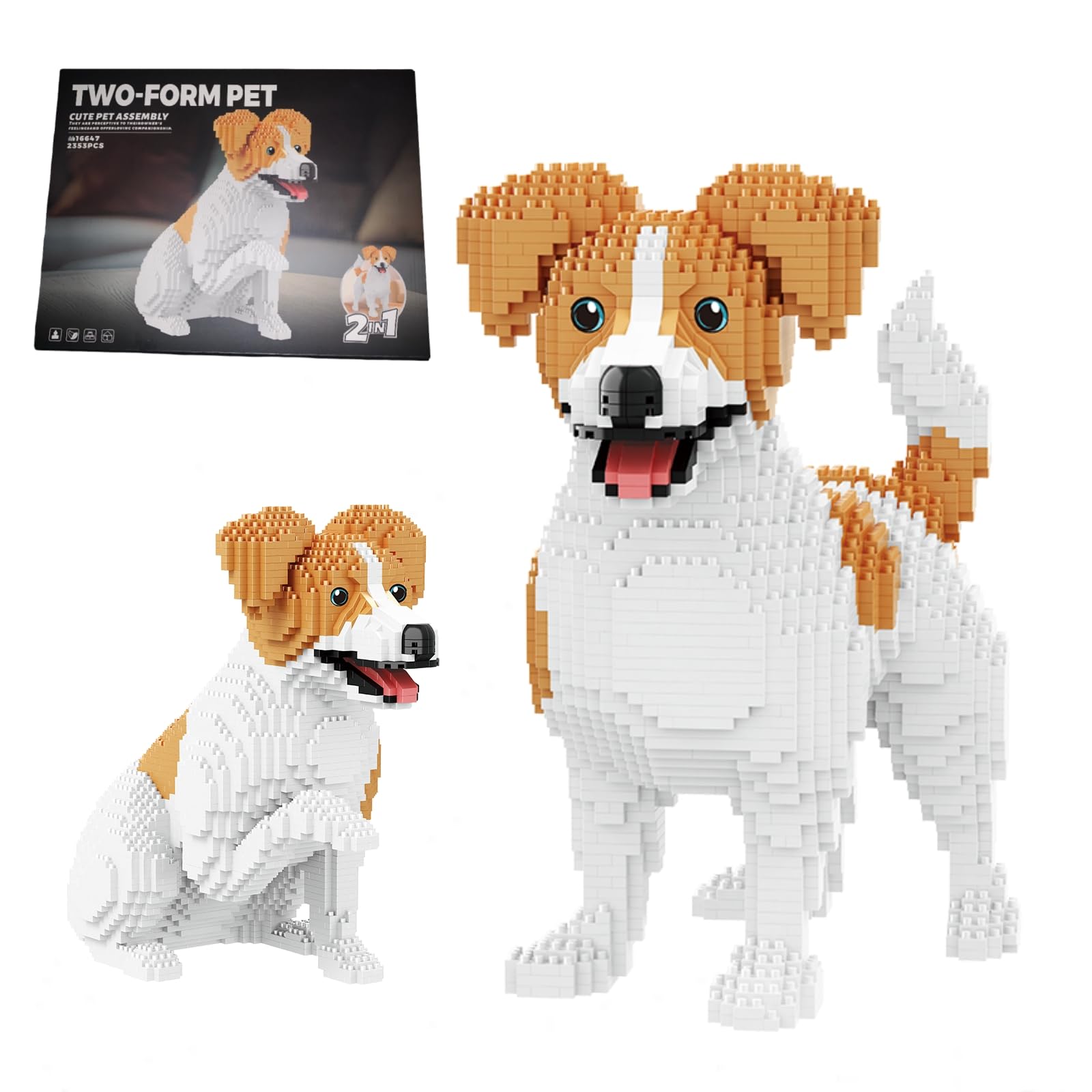 2 IN 1 Jack Russell Terrier Dog Building Set, 2353PCS Pet Puppy Mini Micro Building Blocks Toy, Cute Puppy Animal Figure Model Kit, Home Desk Decor, Birthday Gifts for Teens Boys Girls