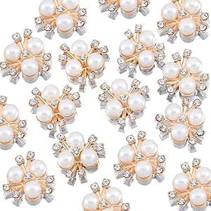 30PCS 21mm Flower Pearl Glass Rhinestone Shiny Crystals Gems Jewelry Stones, Flatback Gemstone for Crafts Clothes Hair DIY Wedding Making Decoration Accessories(01 White Pearl with Gold)