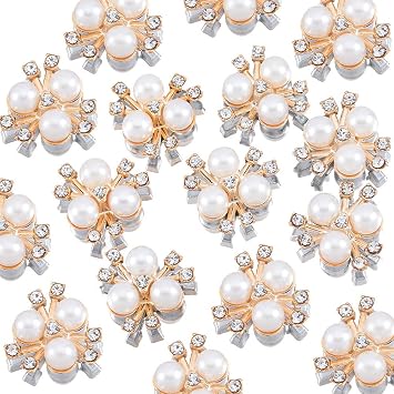 30PCS 21mm Flower Pearl Glass Rhinestone Shiny Crystals Gems Jewelry Stones, Flatback Gemstone for Crafts Clothes Hair DIY Wedding Making Decoration Accessories01 White Pearl with Gold