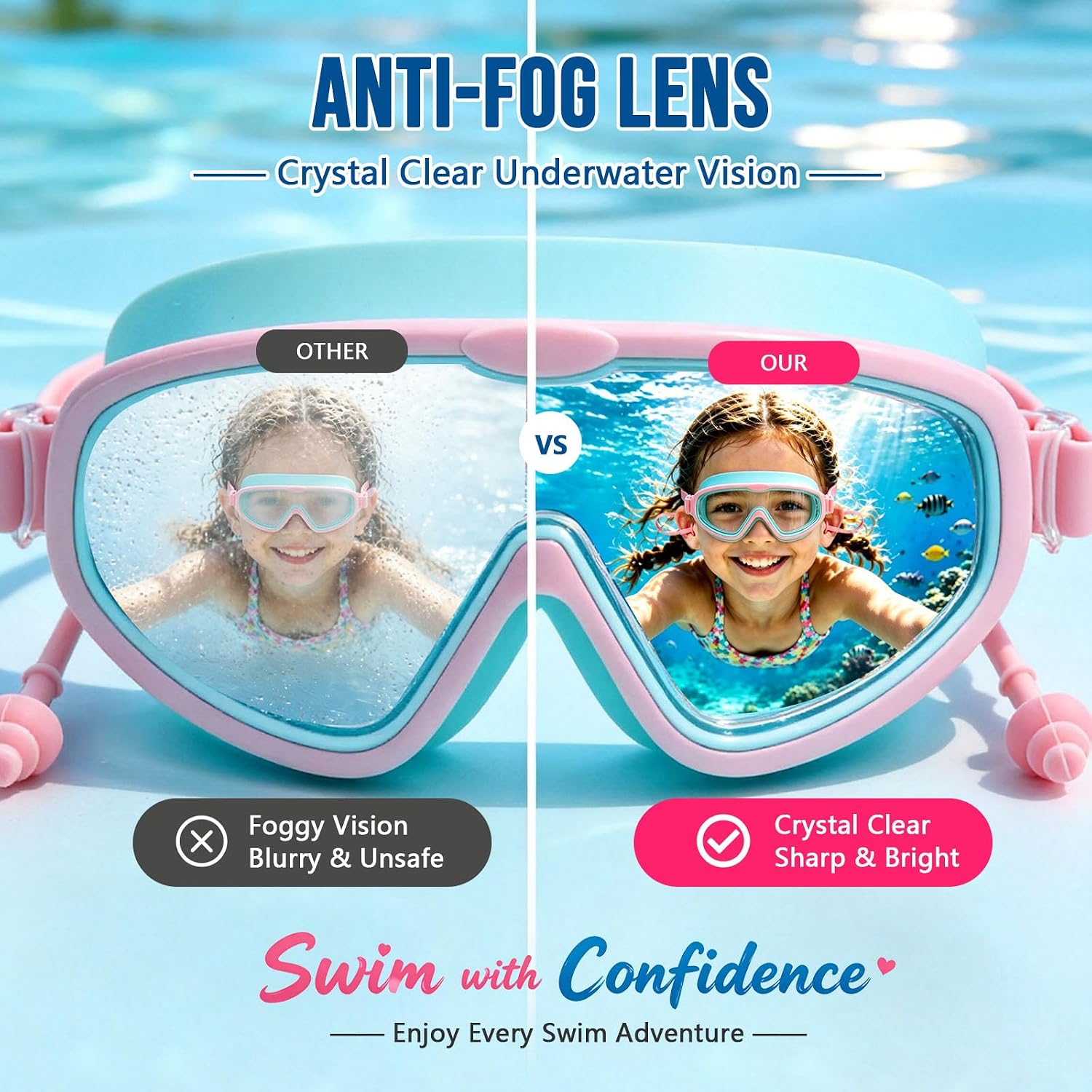 Kids Swim Goggles,Wide View Anti Fog Swimming Goggles for Boys Girls 3-16 with UV Protection,Pool Beach Essentials
